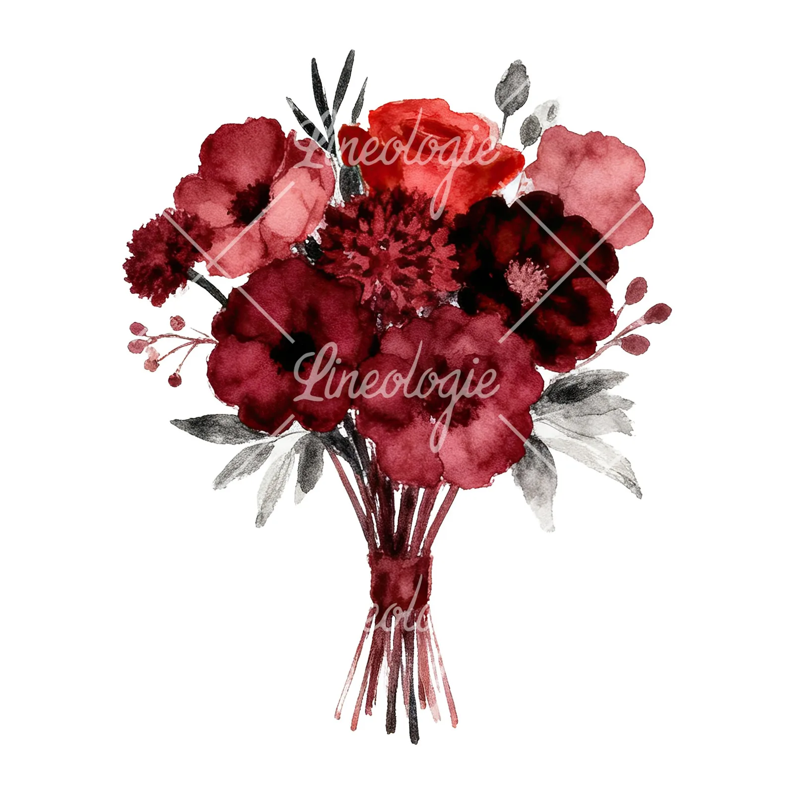 Watercolor deep red and burgundy wedding bouquet clipart 4 of 9 on a white background (JPG)