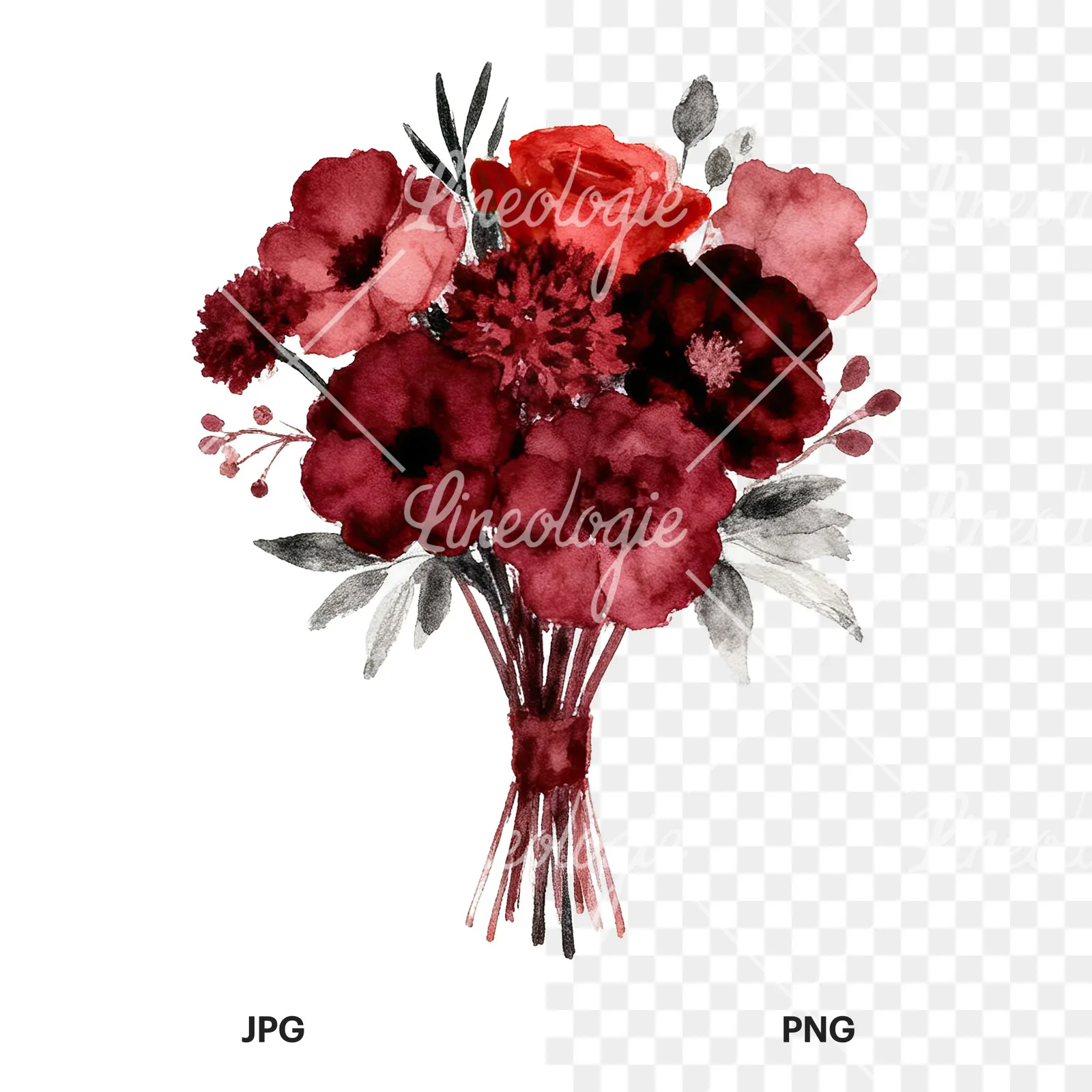 Watercolor deep red and burgundy wedding bouquet clipart 4 of 9, as a JPG on white and a transparent PNG
