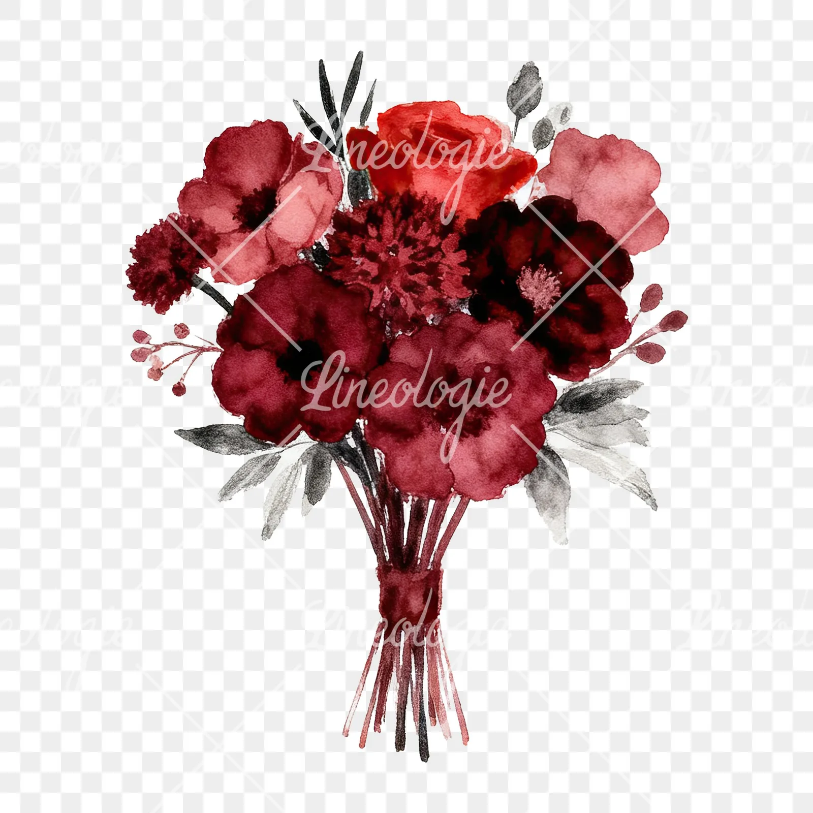 Watercolor deep red and burgundy wedding bouquet clipart 4 of 9 on a transparent background (PNG)