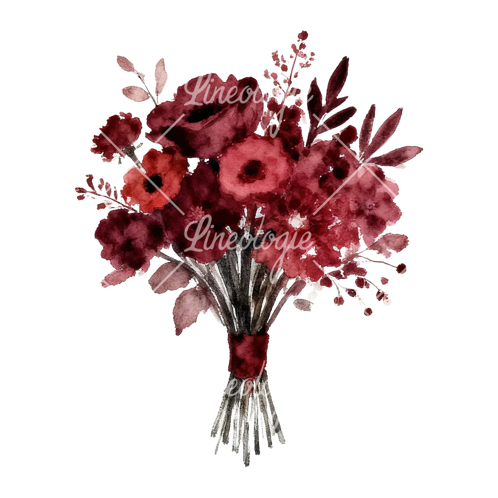 Watercolor deep red and burgundy wedding bouquet clipart 5 of 9 on a white background (JPG)