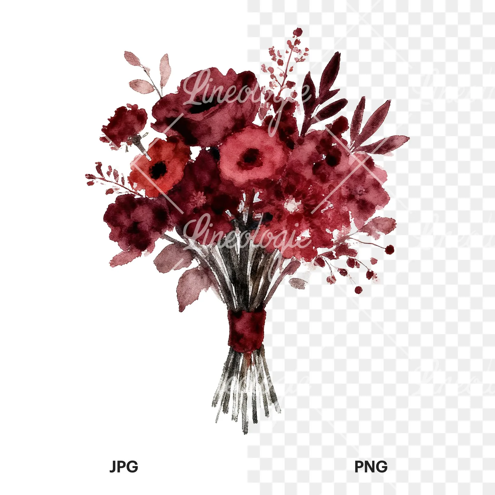 Watercolor deep red and burgundy wedding bouquet clipart 5 of 9, as a JPG on white and a transparent PNG