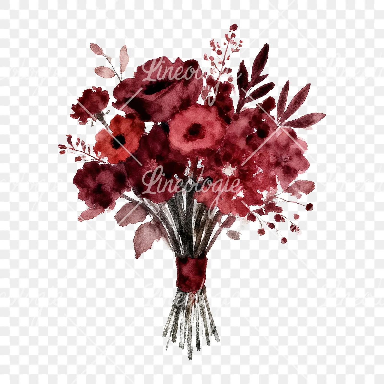 Watercolor deep red and burgundy wedding bouquet clipart 5 of 9 on a transparent background (PNG)