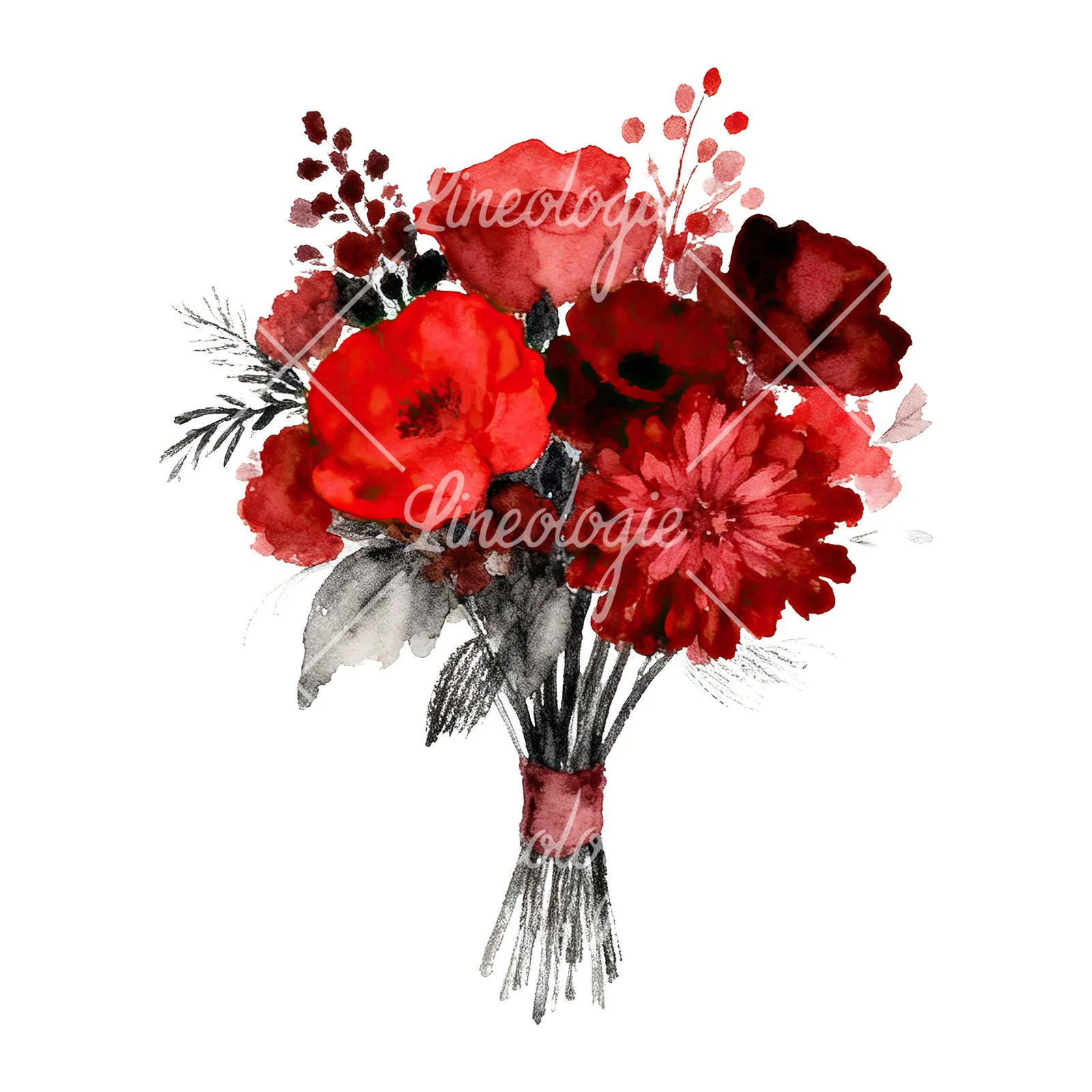 Watercolor deep red and burgundy wedding bouquet clipart 6 of 9 on a white background (JPG)