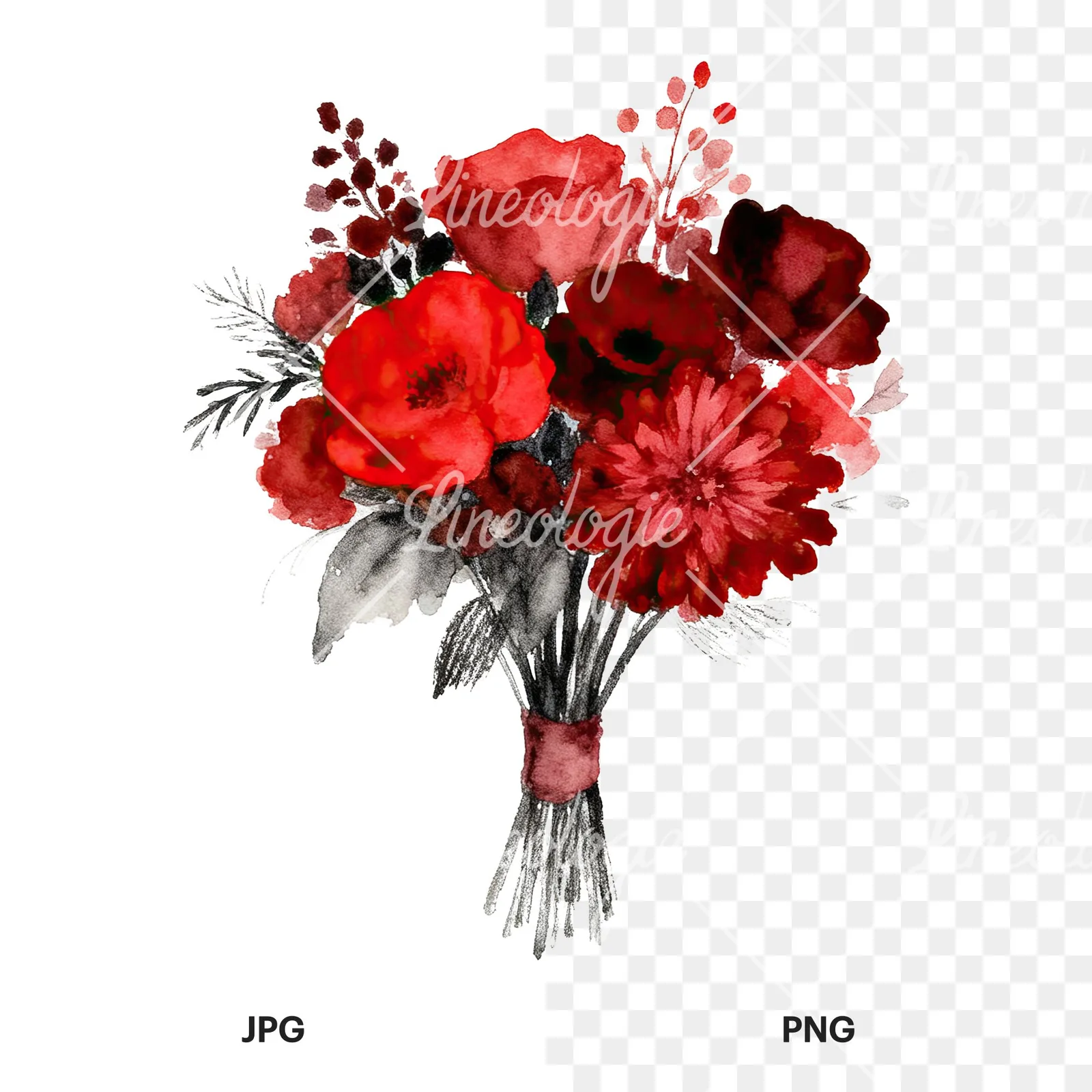 Watercolor deep red and burgundy wedding bouquet clipart 6 of 9, as a JPG on white and a transparent PNG