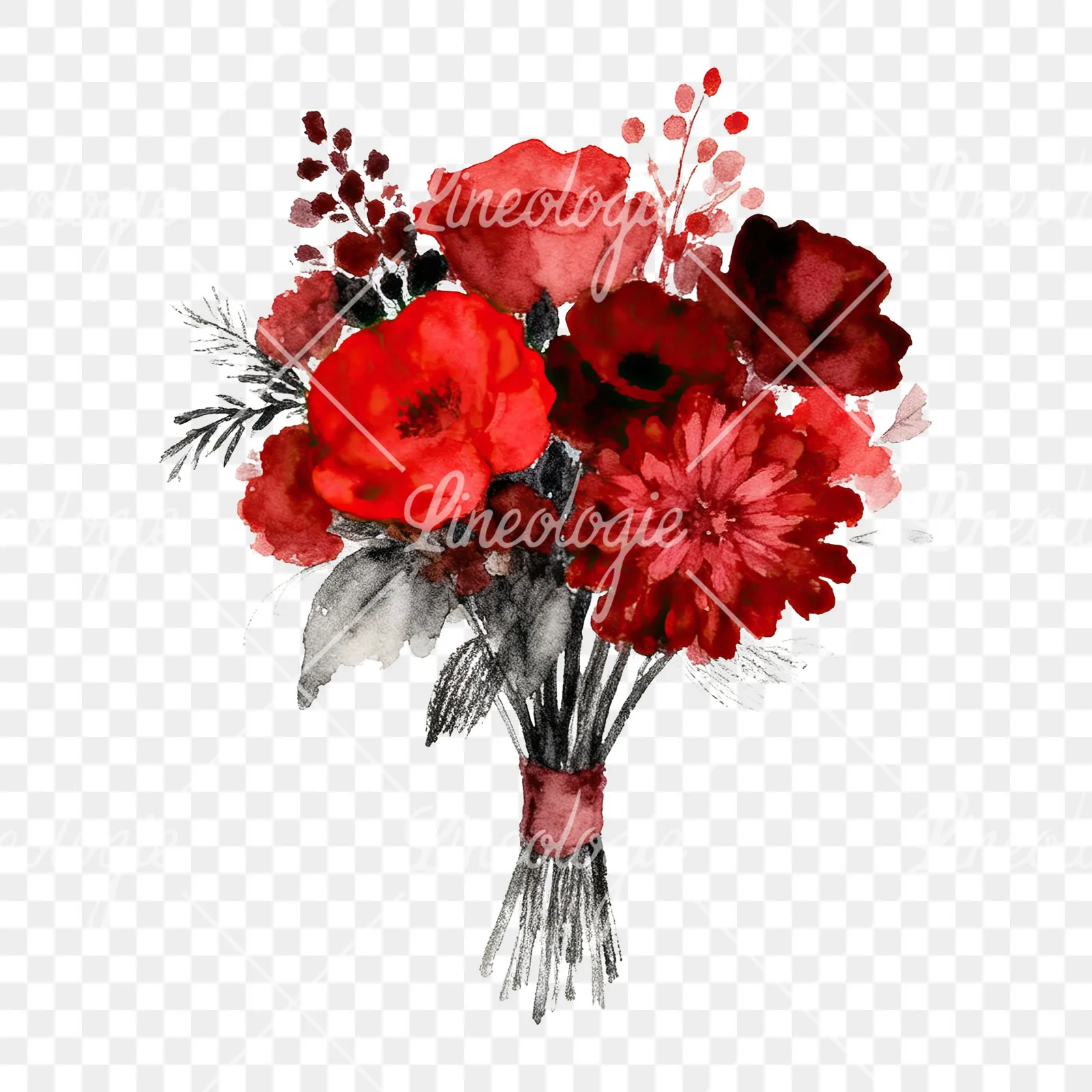 Watercolor deep red and burgundy wedding bouquet clipart 6 of 9 on a transparent background (PNG)