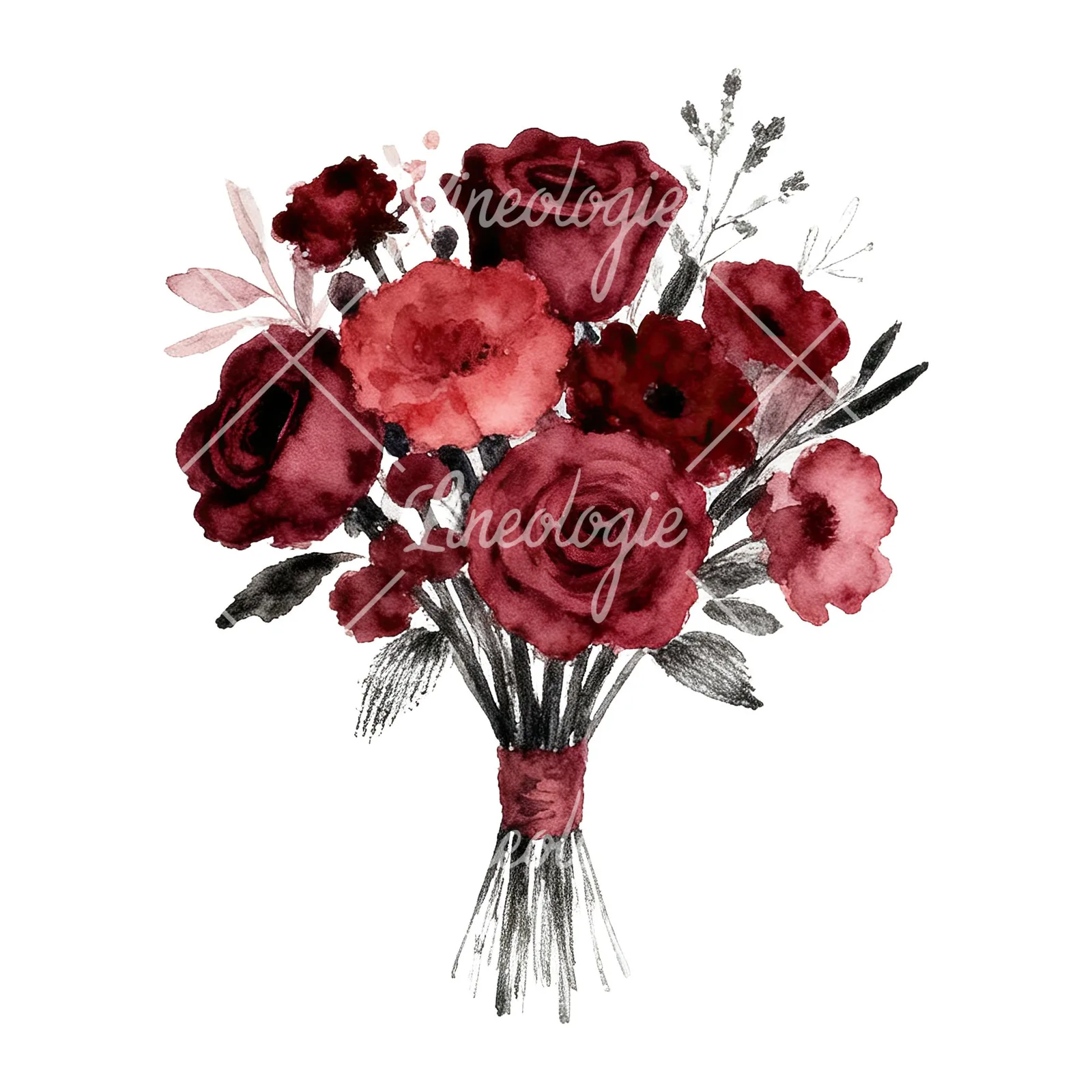 Watercolor deep red and burgundy wedding bouquet clipart 7 of 9 on a white background (JPG)