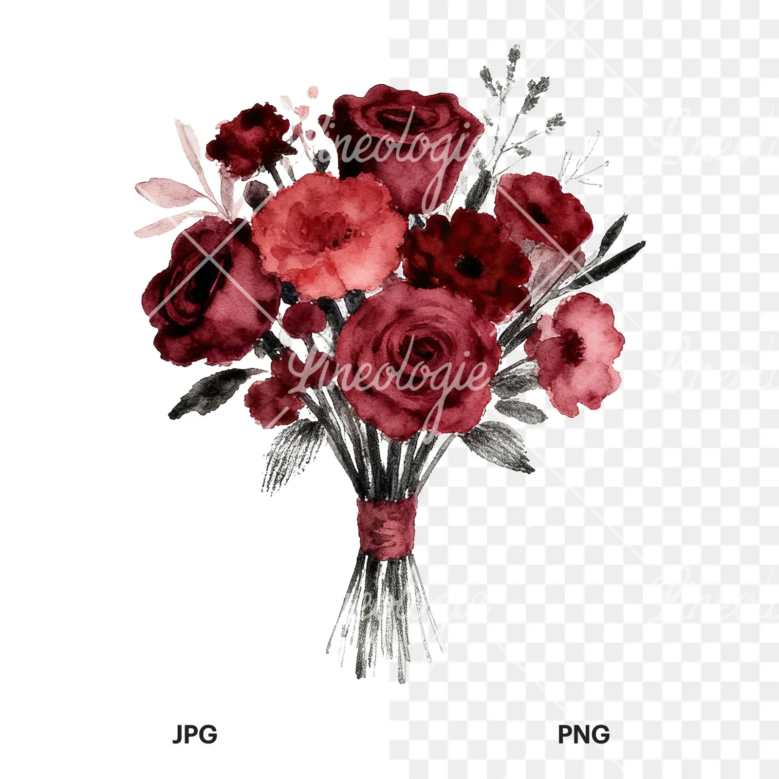 Watercolor deep red and burgundy wedding bouquet clipart 7 of 9, as a JPG on white and a transparent PNG