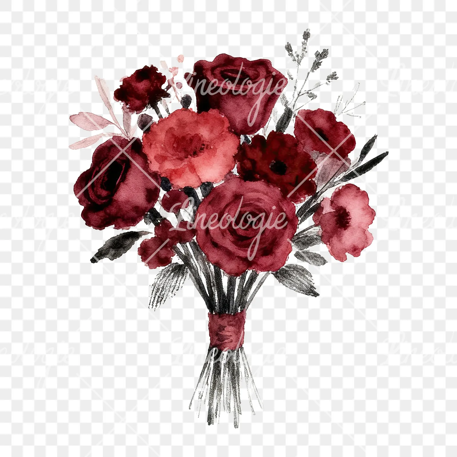 Watercolor deep red and burgundy wedding bouquet clipart 7 of 9 on a transparent background (PNG)