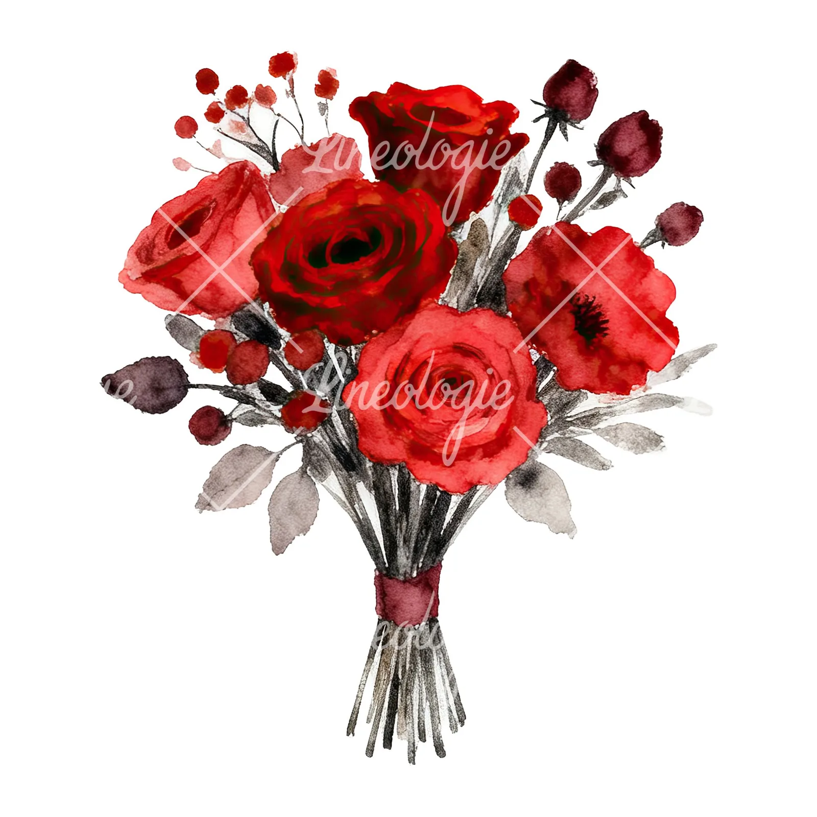 Watercolor deep red and burgundy wedding bouquet clipart 8 of 9 on a white background (JPG)