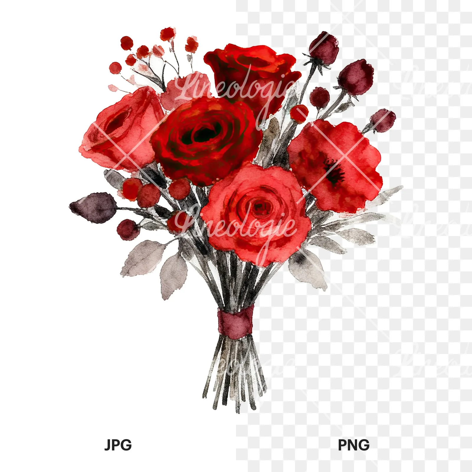 Watercolor deep red and burgundy wedding bouquet clipart 8 of 9, as a JPG on white and a transparent PNG