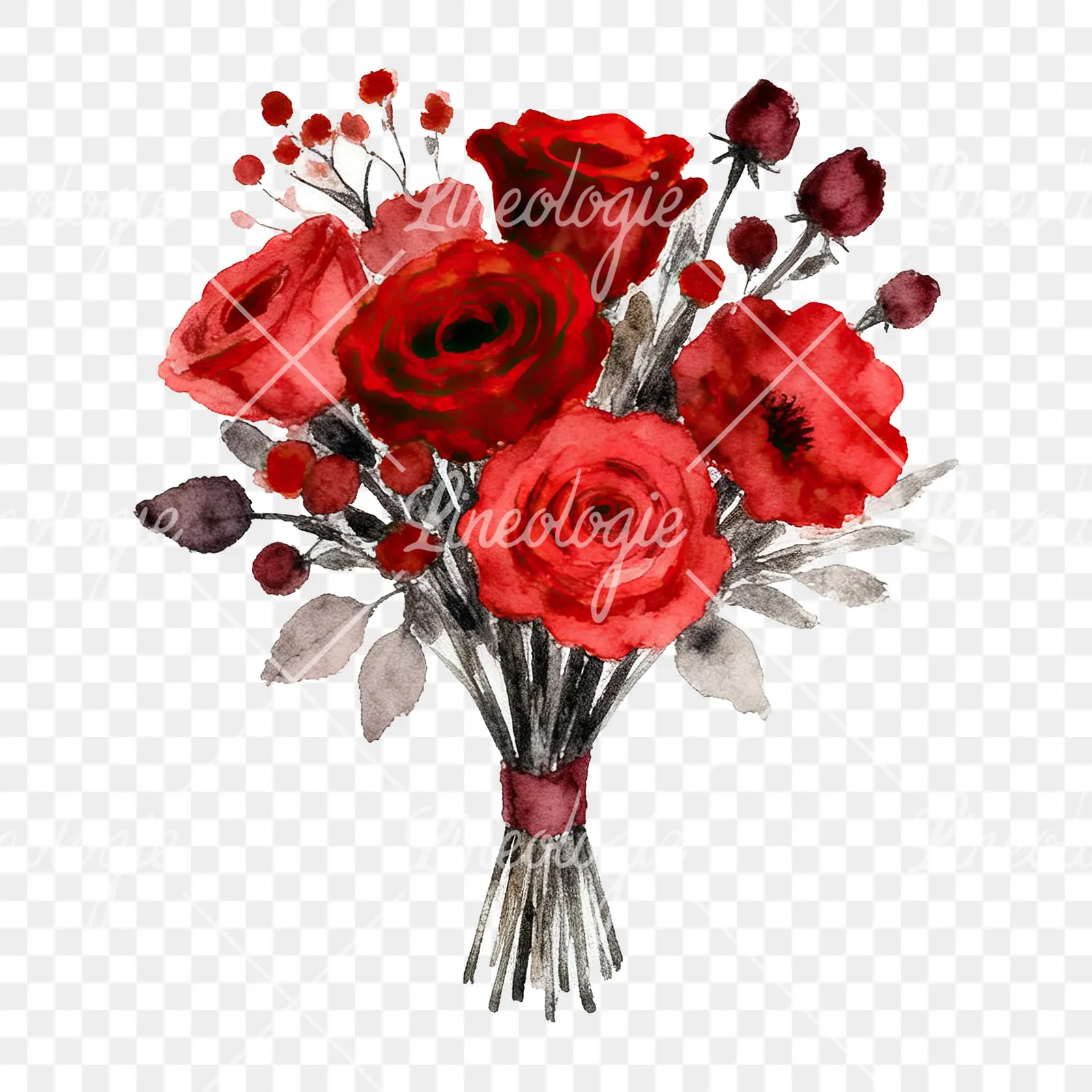 Watercolor deep red and burgundy wedding bouquet clipart 8 of 9 on a transparent background (PNG)