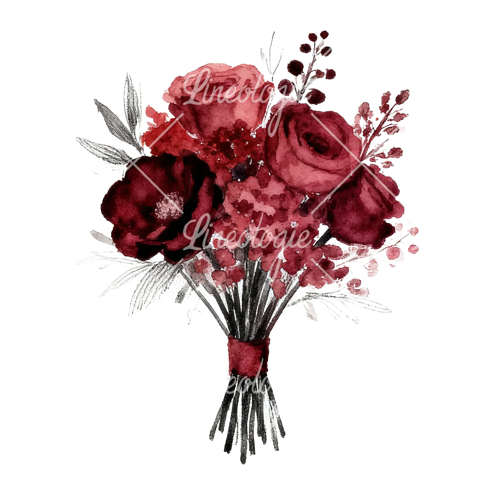 Watercolor deep red and burgundy wedding bouquet clipart 9 of 9 on a white background (JPG)