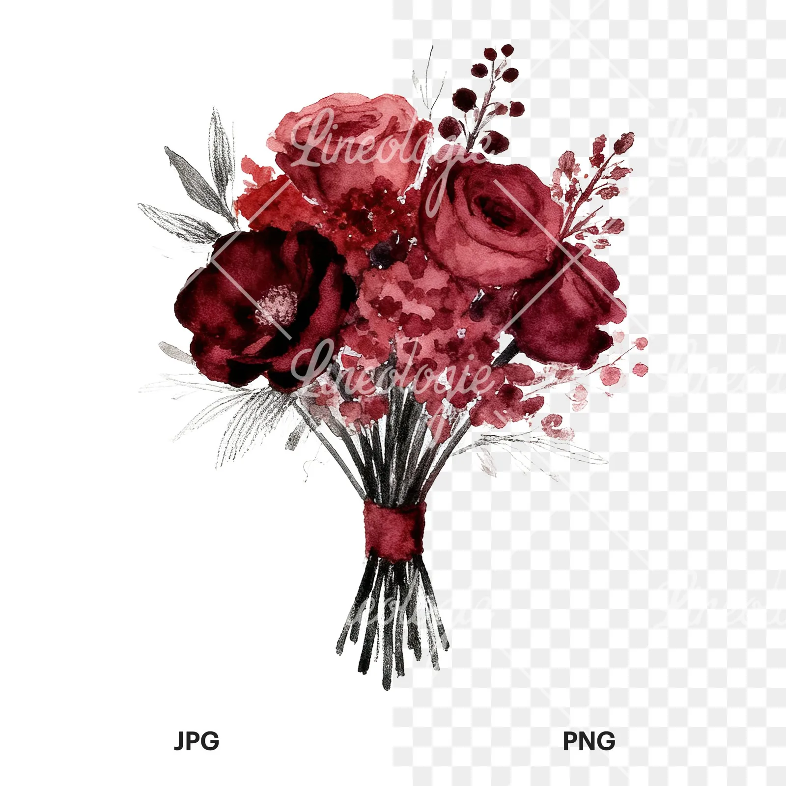 Watercolor deep red and burgundy wedding bouquet clipart 9 of 9, as a JPG on white and a transparent PNG