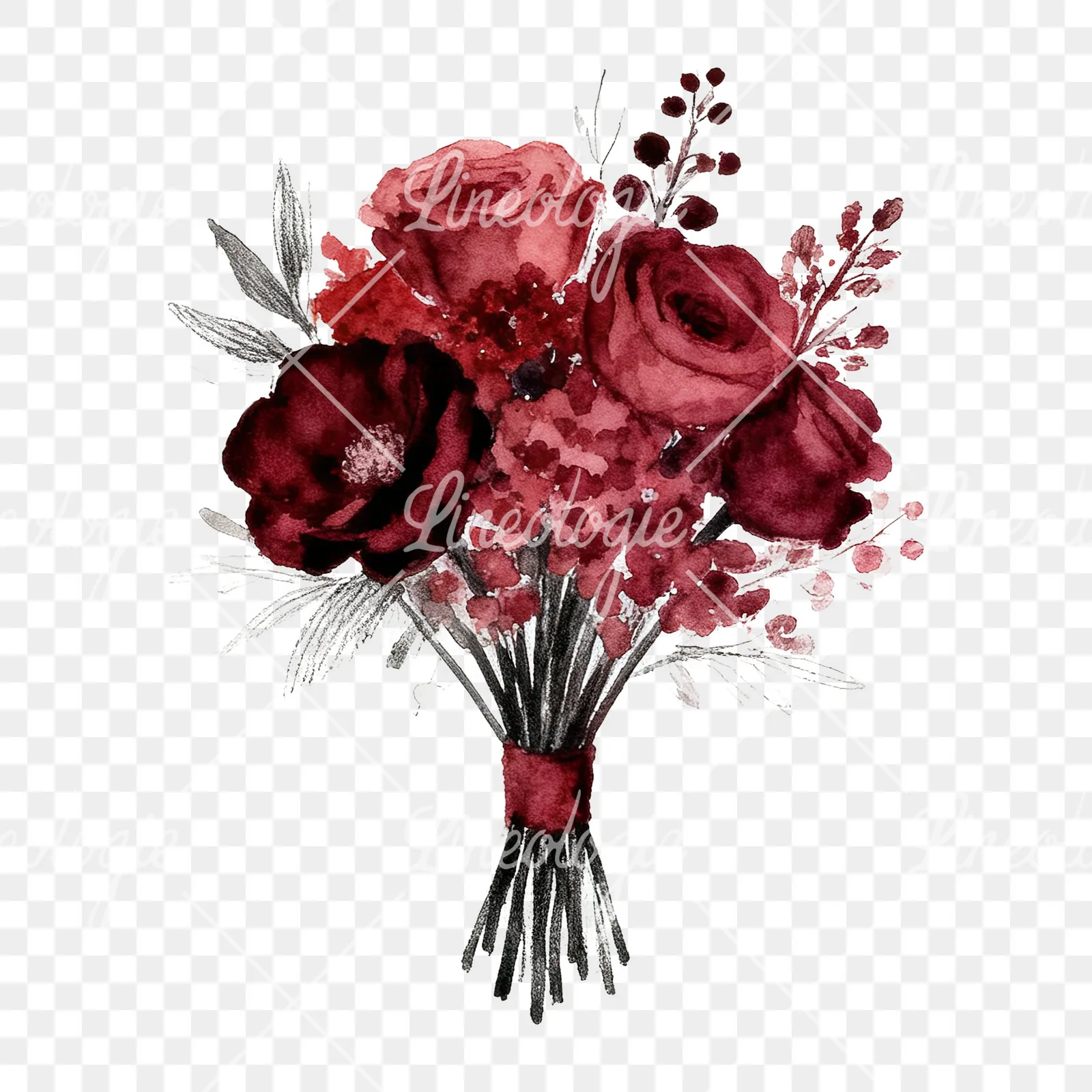 Watercolor deep red and burgundy wedding bouquet clipart 9 of 9 on a transparent background (PNG)