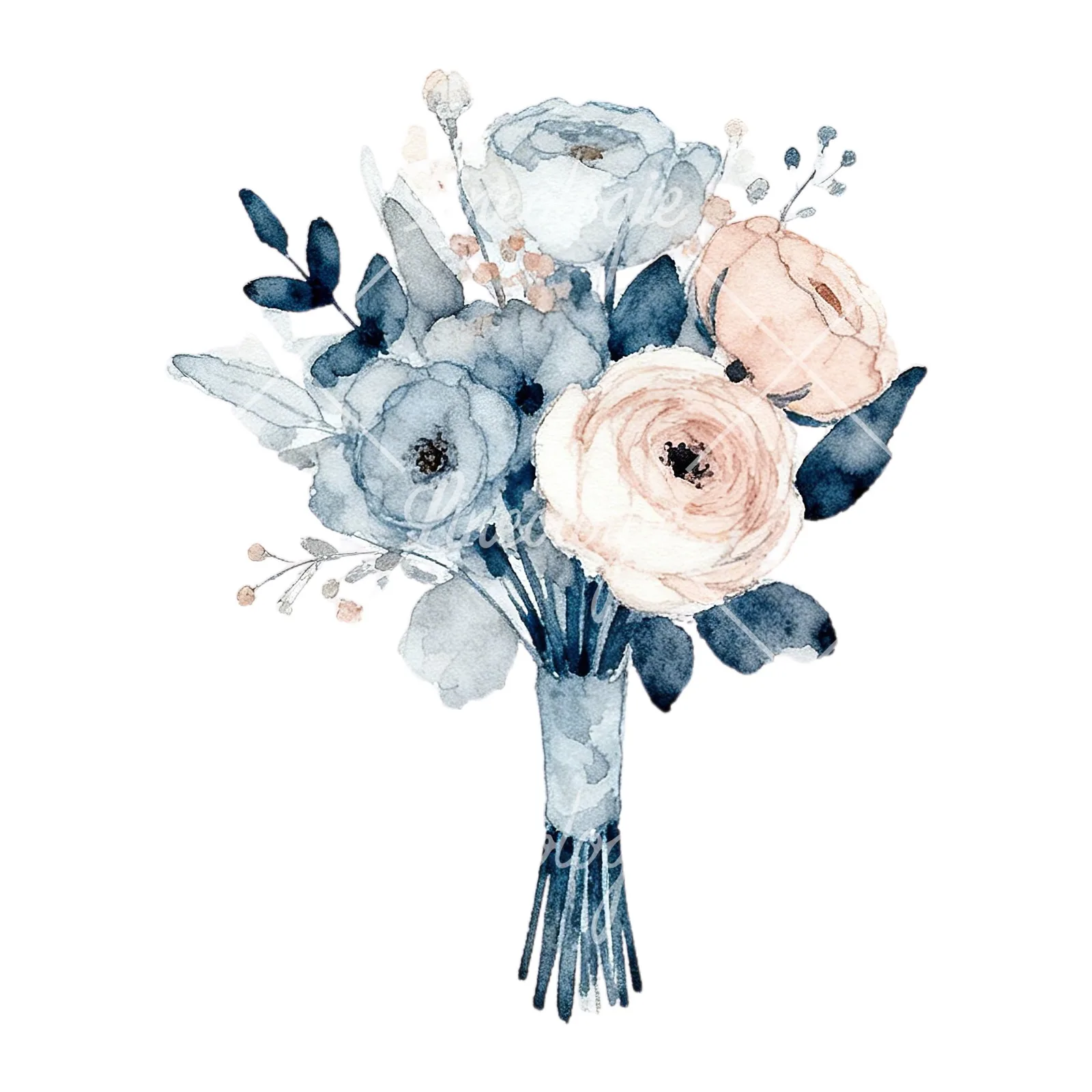 Watercolor dusty blue and blush rose wedding bouquet clipart 1 of 9 on a white background (JPG)