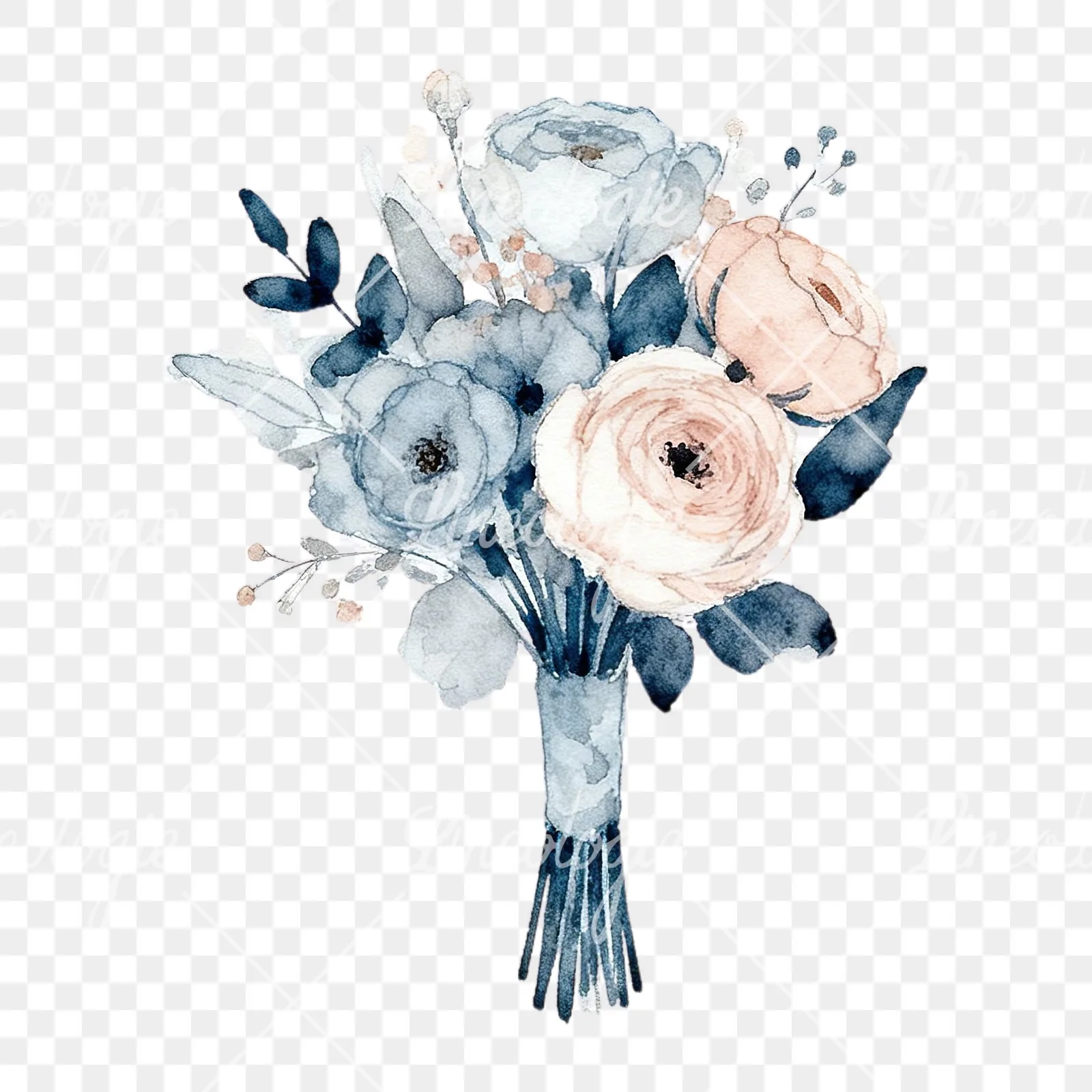 Watercolor dusty blue and blush rose wedding bouquet clipart 1 of 9 on a transparent background (PNG)