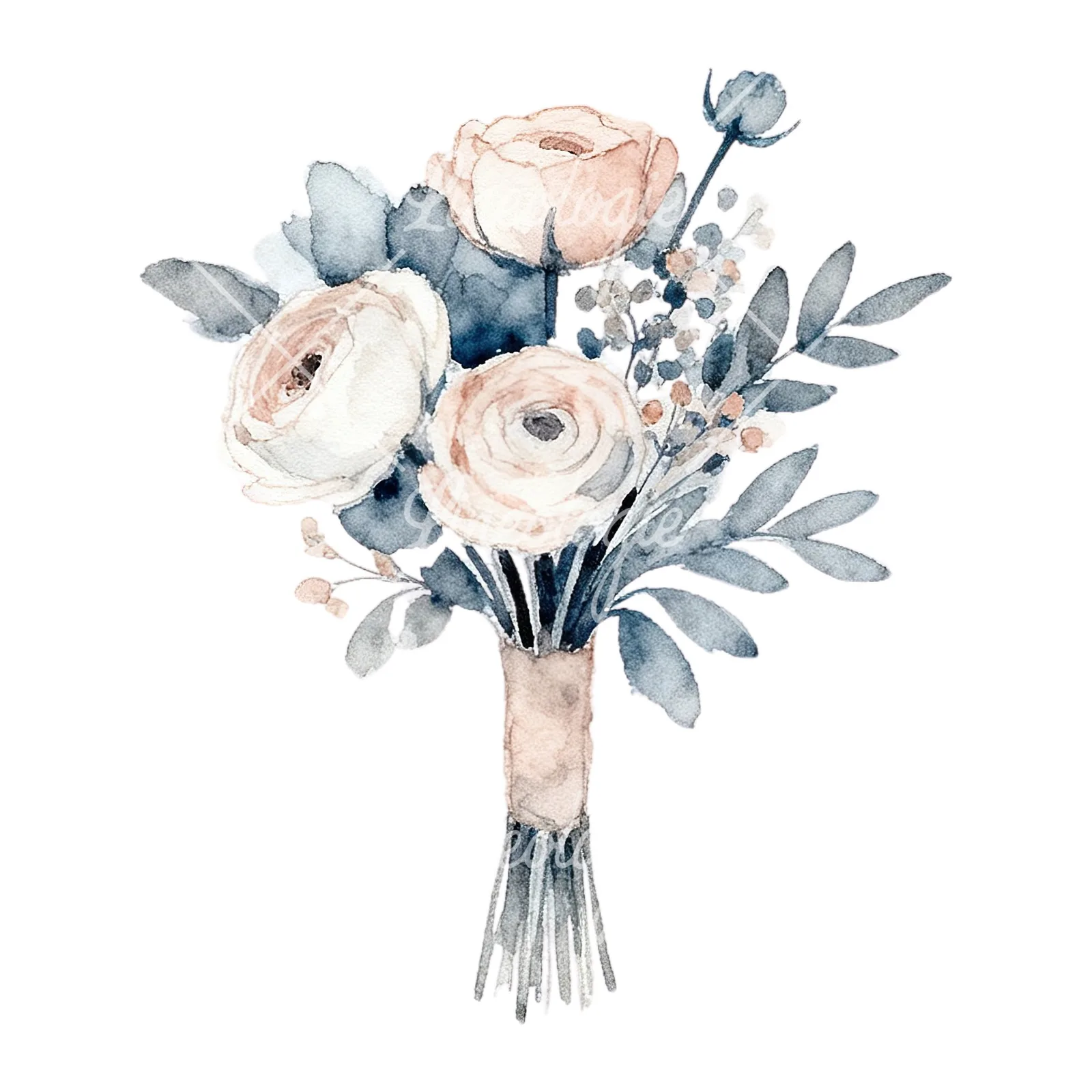 Watercolor dusty blue and blush rose wedding bouquet clipart 2 of 9 on a white background (JPG)