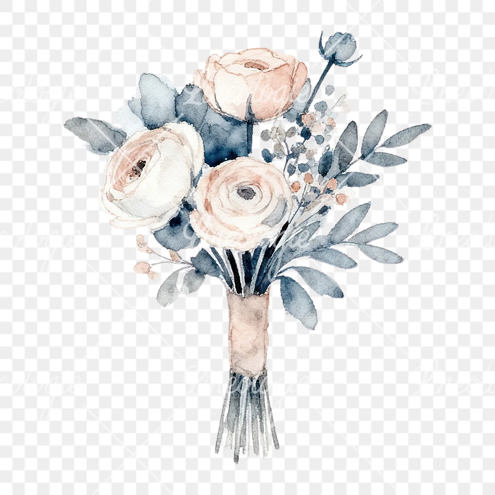 Watercolor dusty blue and blush rose wedding bouquet clipart 2 of 9 on a transparent background (PNG)