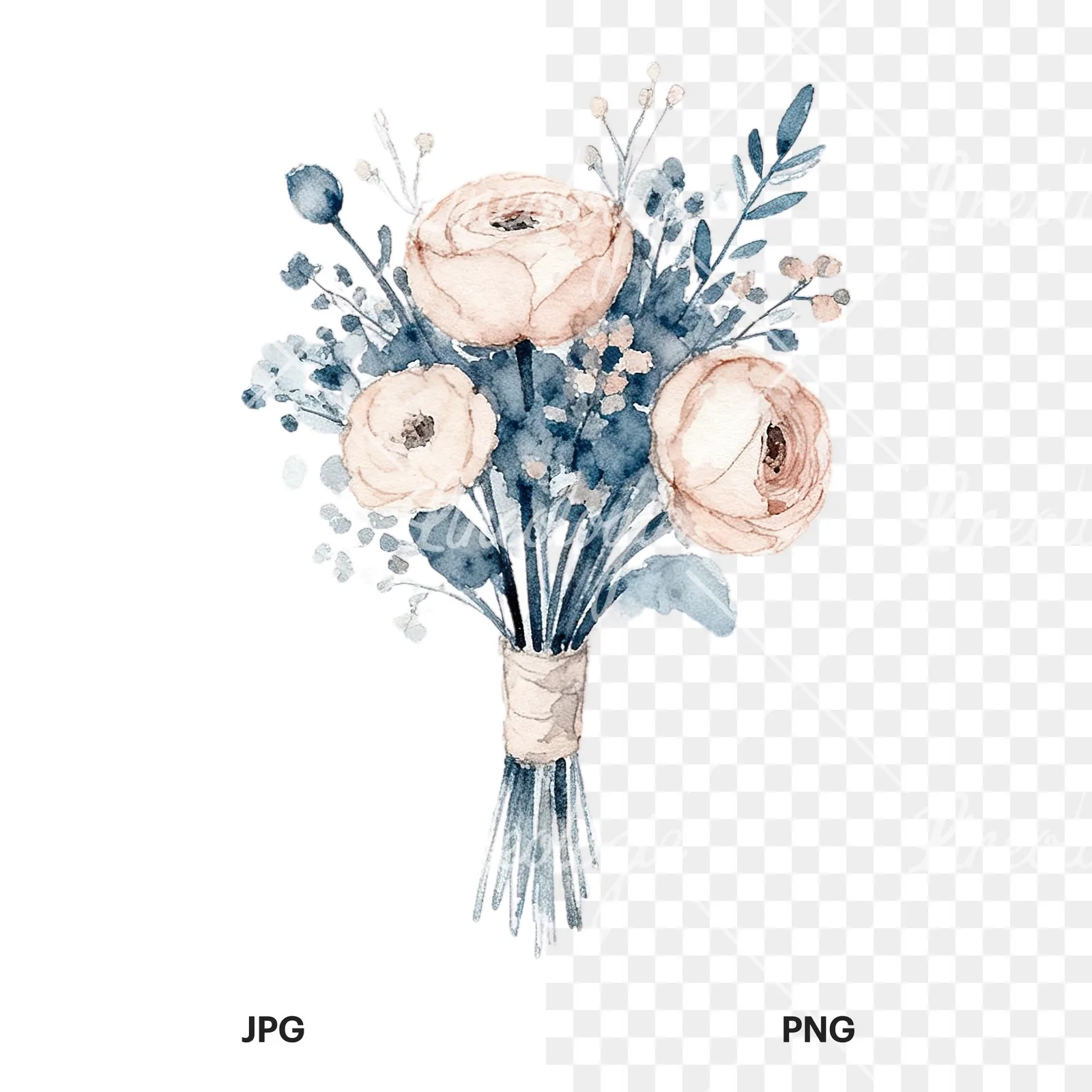 Watercolor dusty blue and blush rose wedding bouquet clipart 3 of 9, as a JPG on white and a transparent PNG