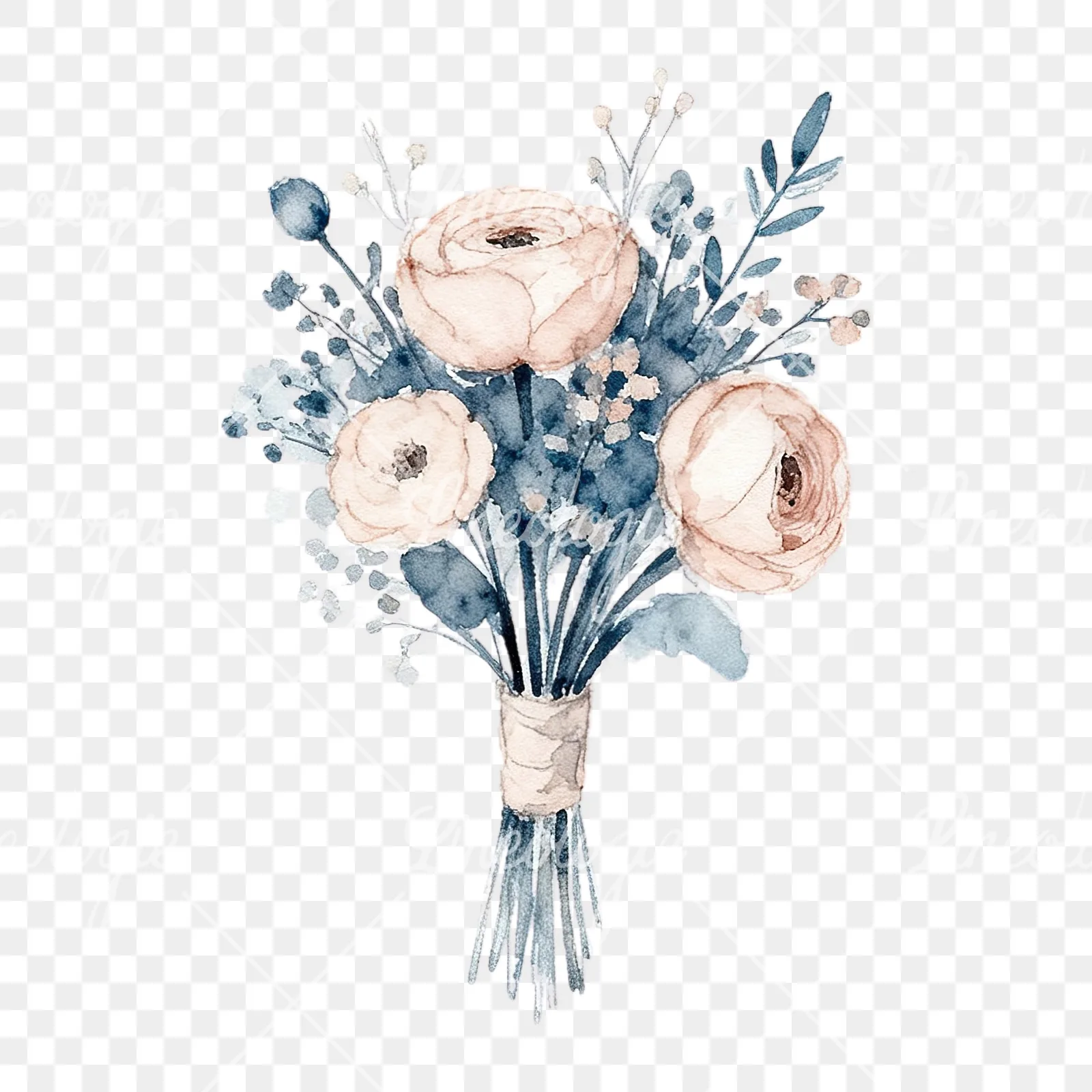 Watercolor dusty blue and blush rose wedding bouquet clipart 3 of 9 on a transparent background (PNG)