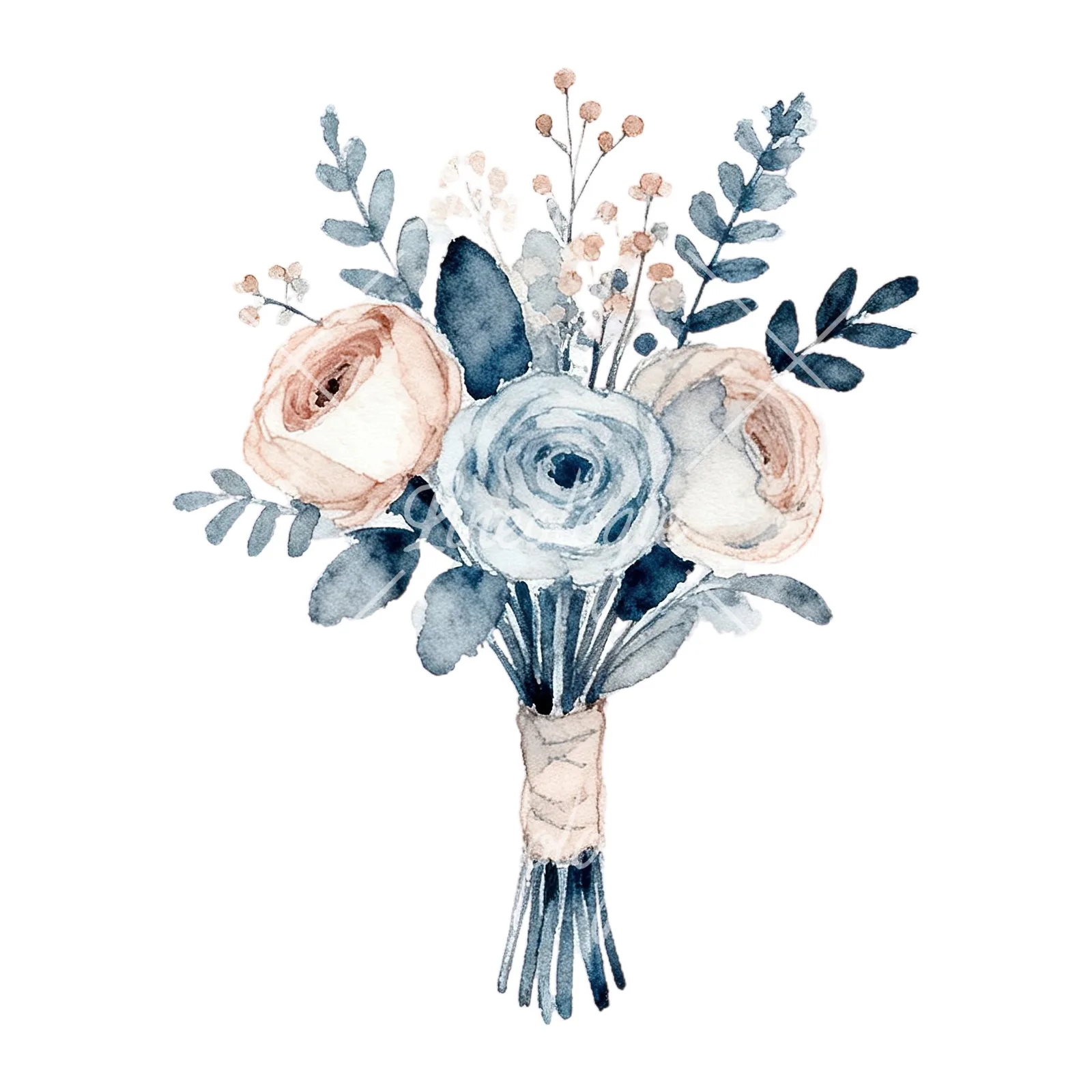 Watercolor dusty blue and blush rose wedding bouquet clipart 4 of 9 on a white background (JPG)