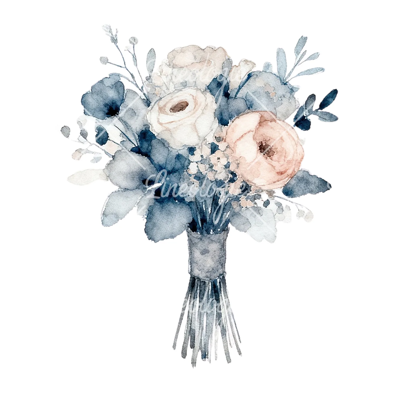 Watercolor dusty blue and blush rose wedding bouquet clipart 5 of 9 on a white background (JPG)