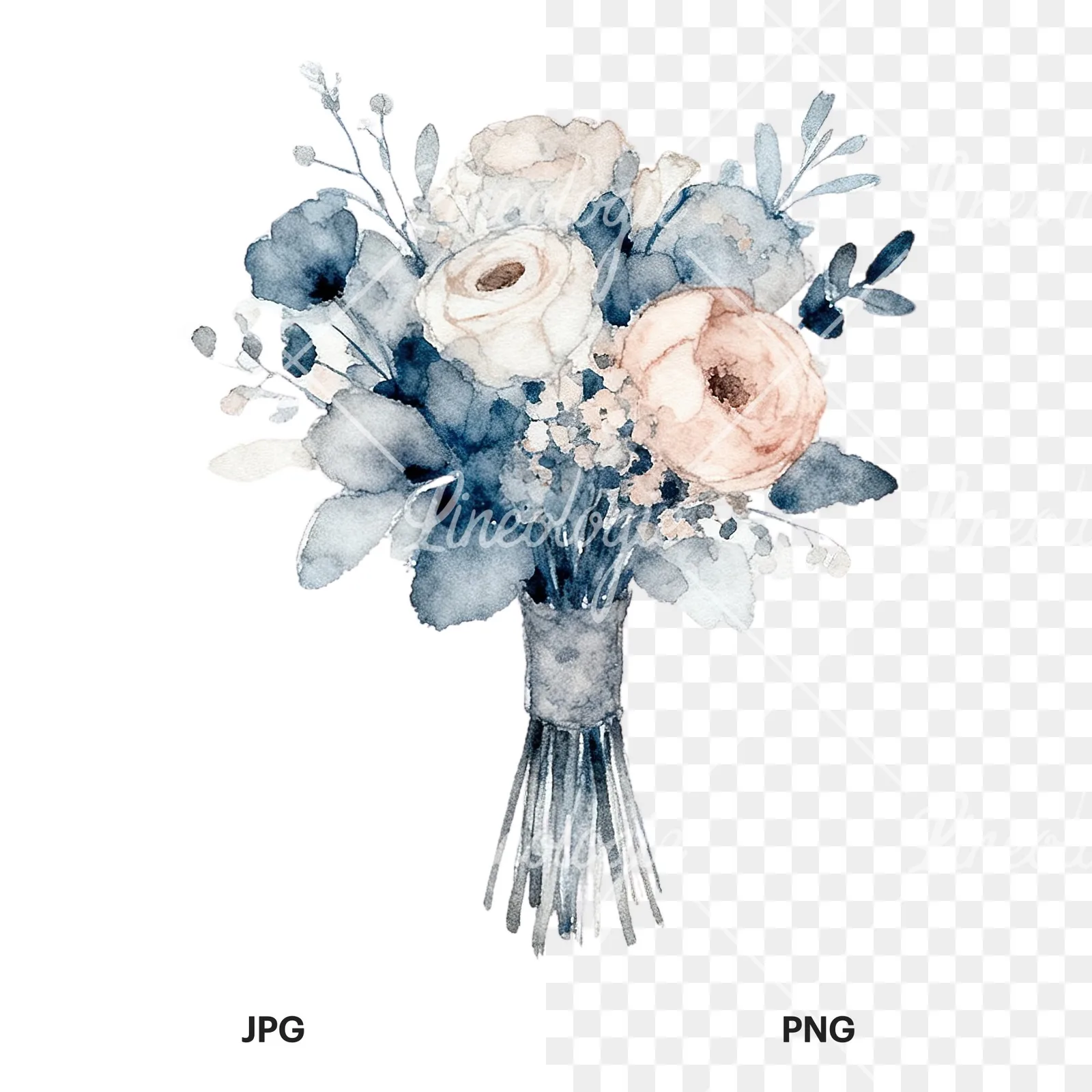 Watercolor dusty blue and blush rose wedding bouquet clipart 5 of 9, as a JPG on white and a transparent PNG