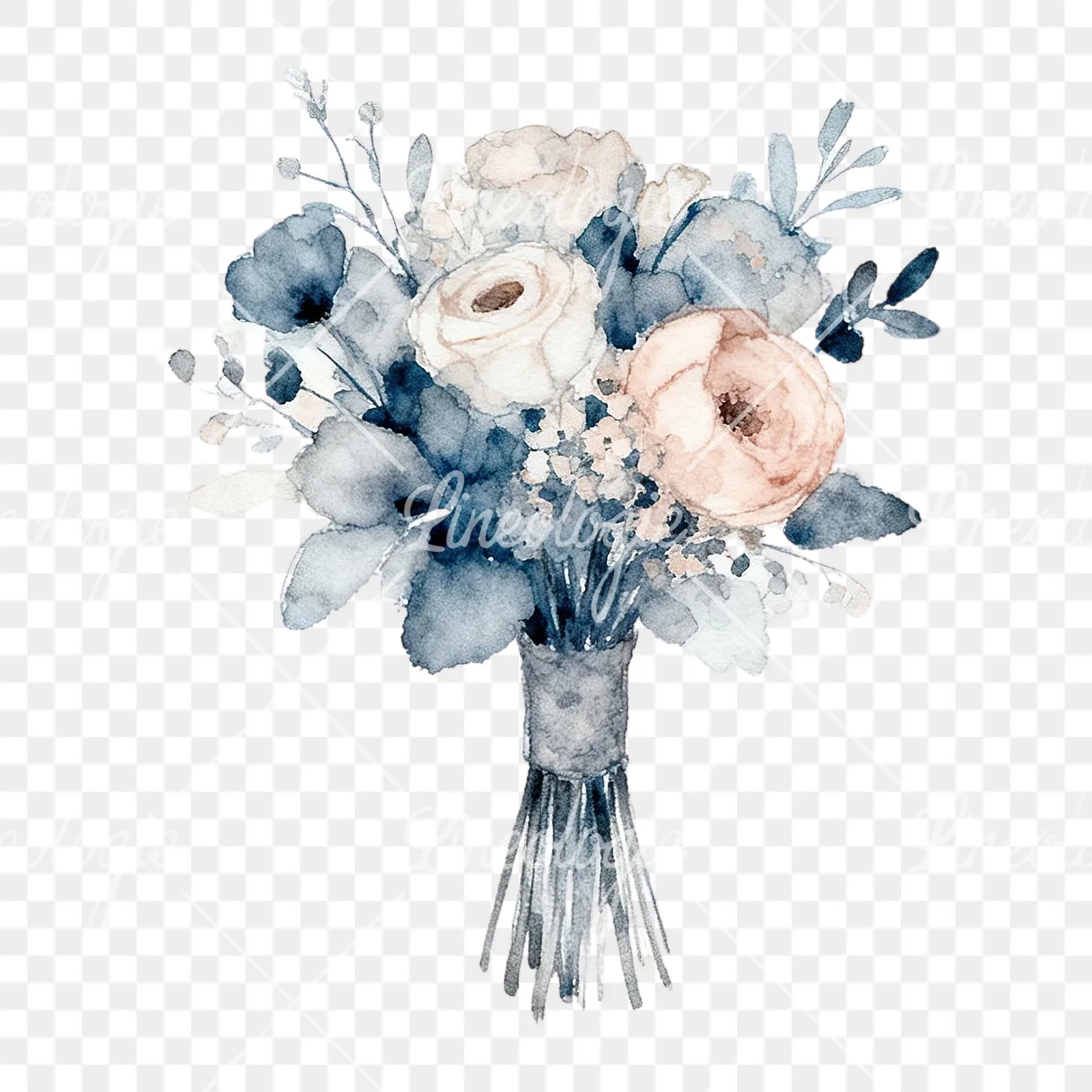 Watercolor dusty blue and blush rose wedding bouquet clipart 5 of 9 on a transparent background (PNG)