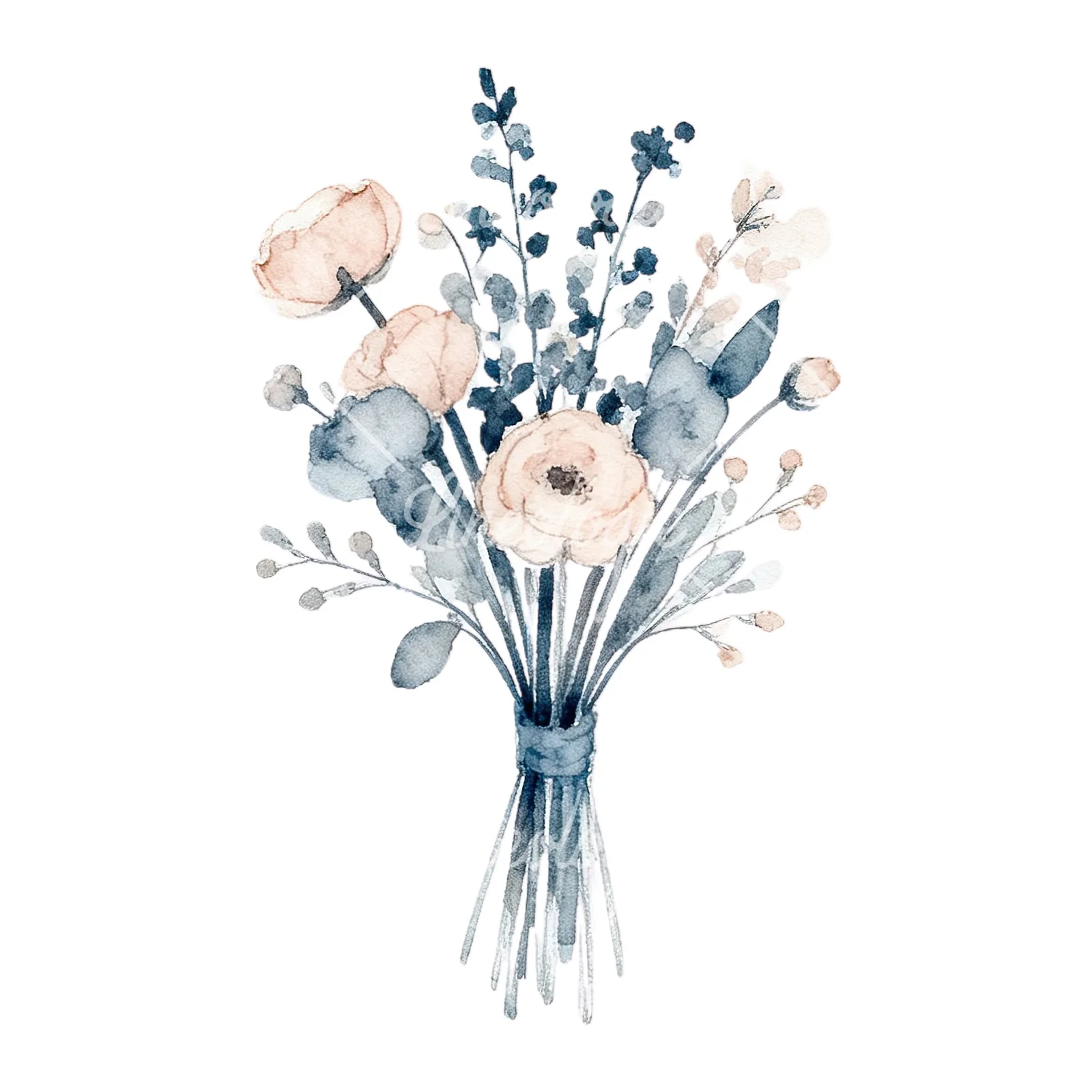 Watercolor dusty blue and blush rose wedding bouquet clipart 6 of 9 on a white background (JPG)