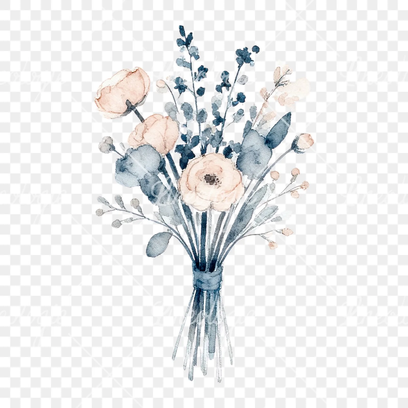 Watercolor dusty blue and blush rose wedding bouquet clipart 6 of 9 on a transparent background (PNG)