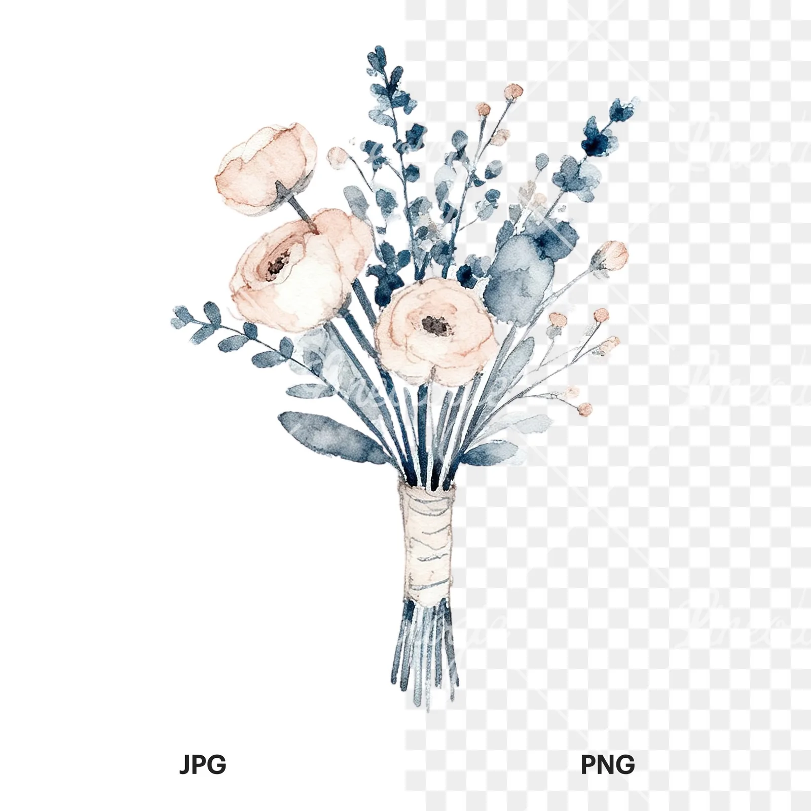 Watercolor dusty blue and blush rose wedding bouquet clipart 7 of 9, as a JPG on white and a transparent PNG