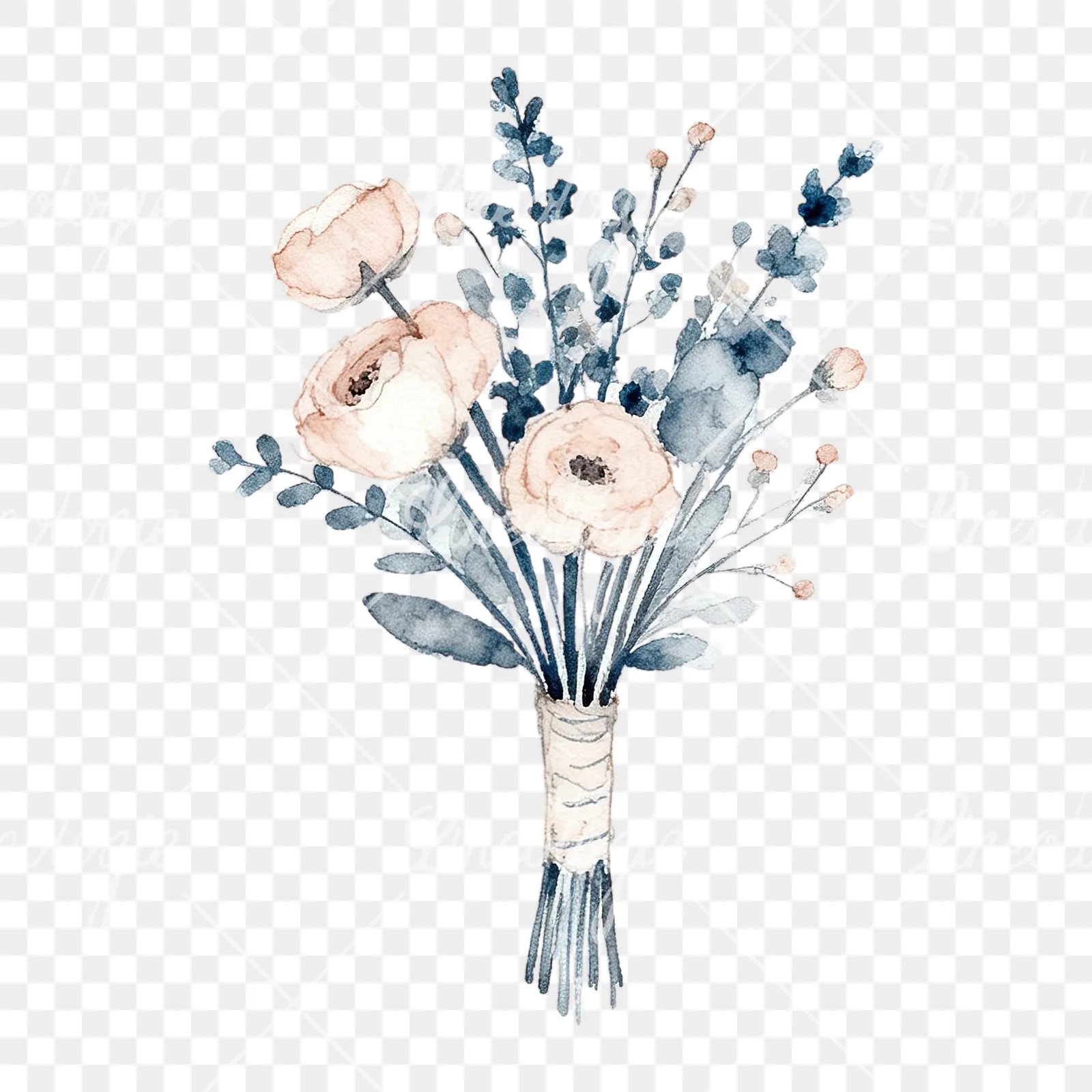 Watercolor dusty blue and blush rose wedding bouquet clipart 7 of 9 on a transparent background (PNG)
