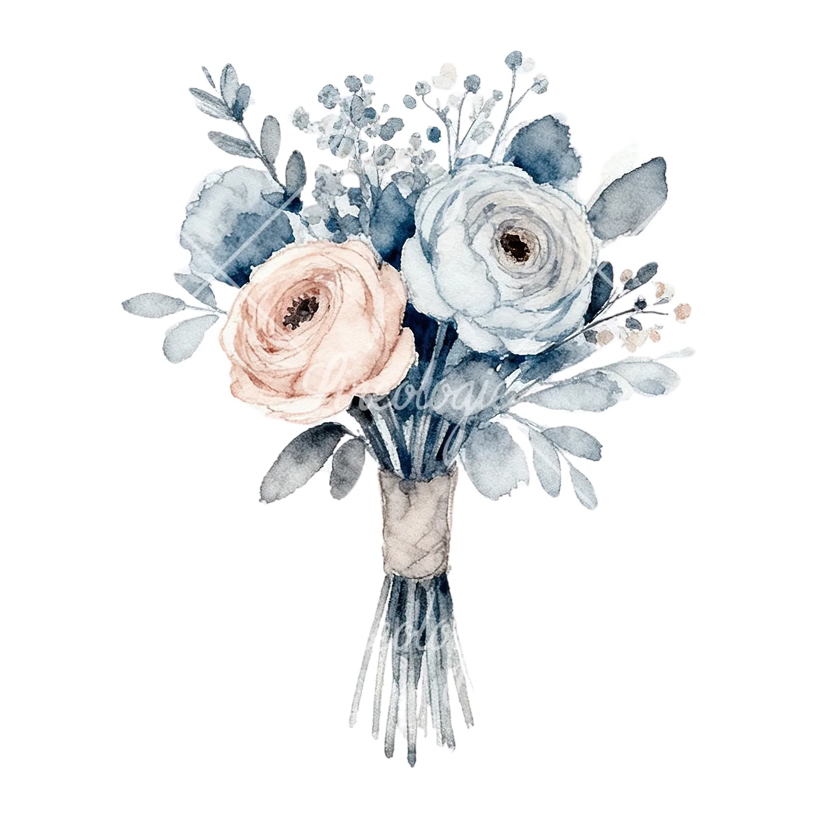 Watercolor dusty blue and blush rose wedding bouquet clipart 8 of 9 on a white background (JPG)