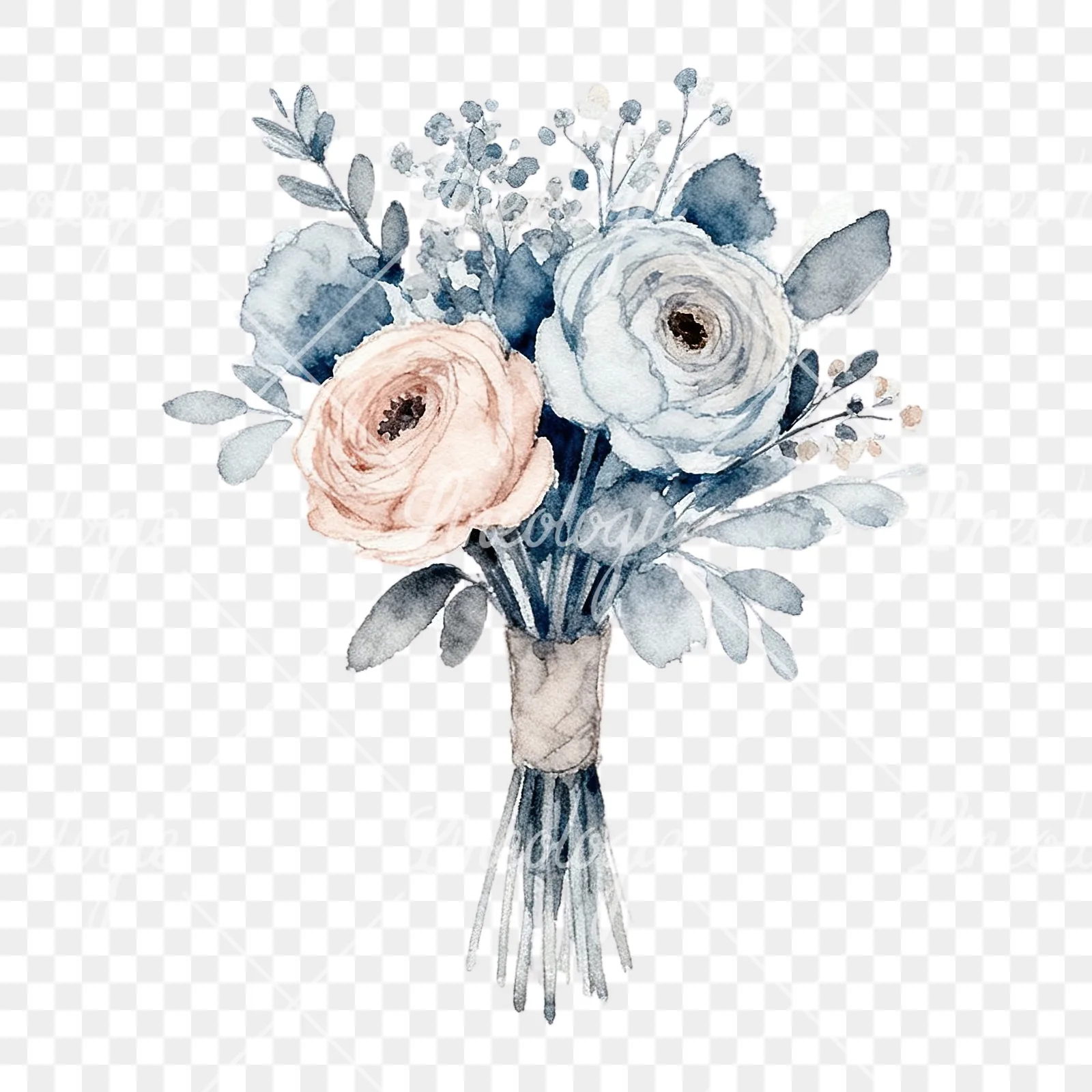 Watercolor dusty blue and blush rose wedding bouquet clipart 8 of 9 on a transparent background (PNG)