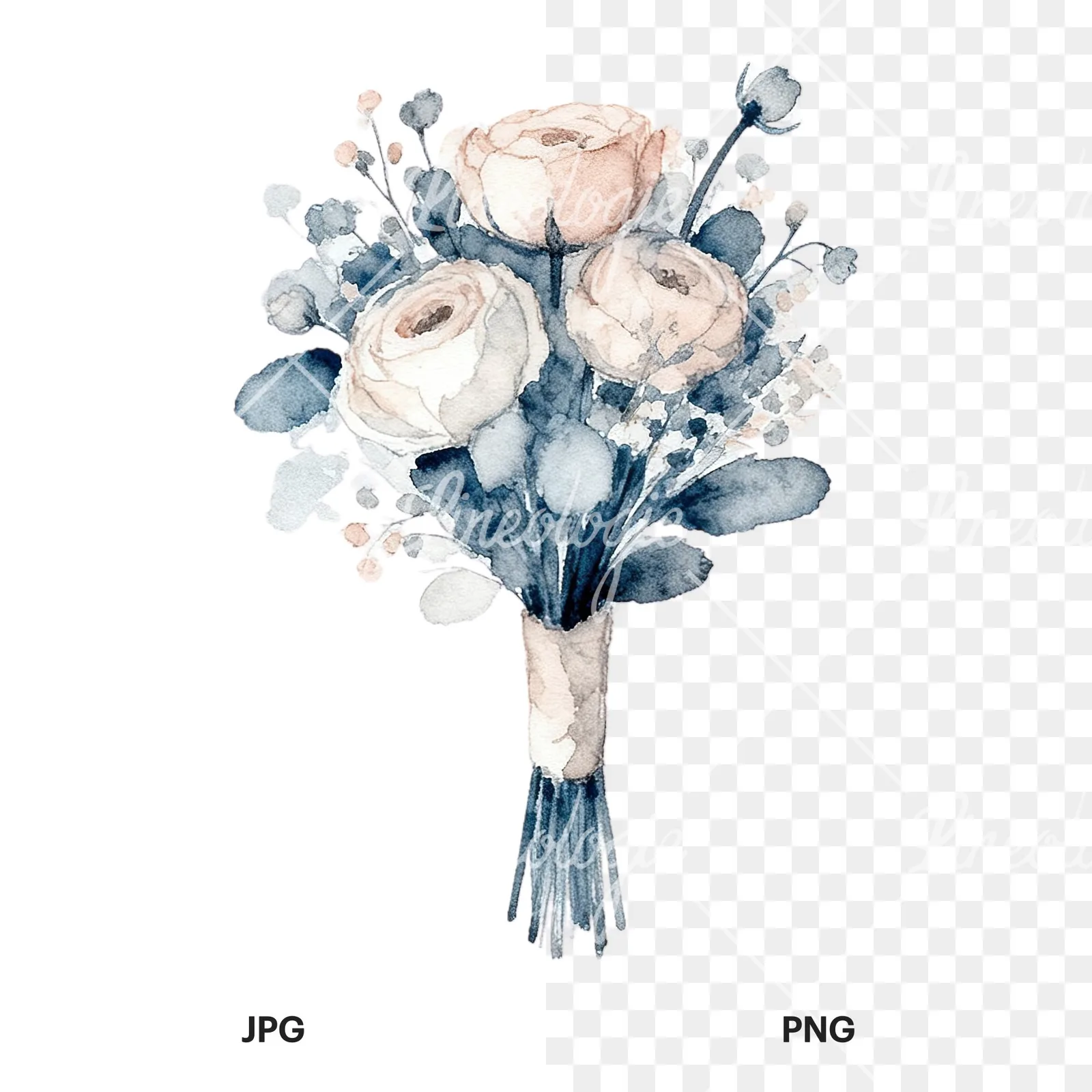 Watercolor dusty blue and blush rose wedding bouquet clipart 9 of 9, as a JPG on white and a transparent PNG
