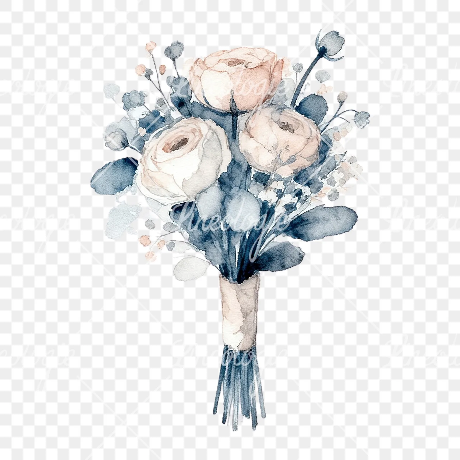 Watercolor dusty blue and blush rose wedding bouquet clipart 9 of 9 on a transparent background (PNG)