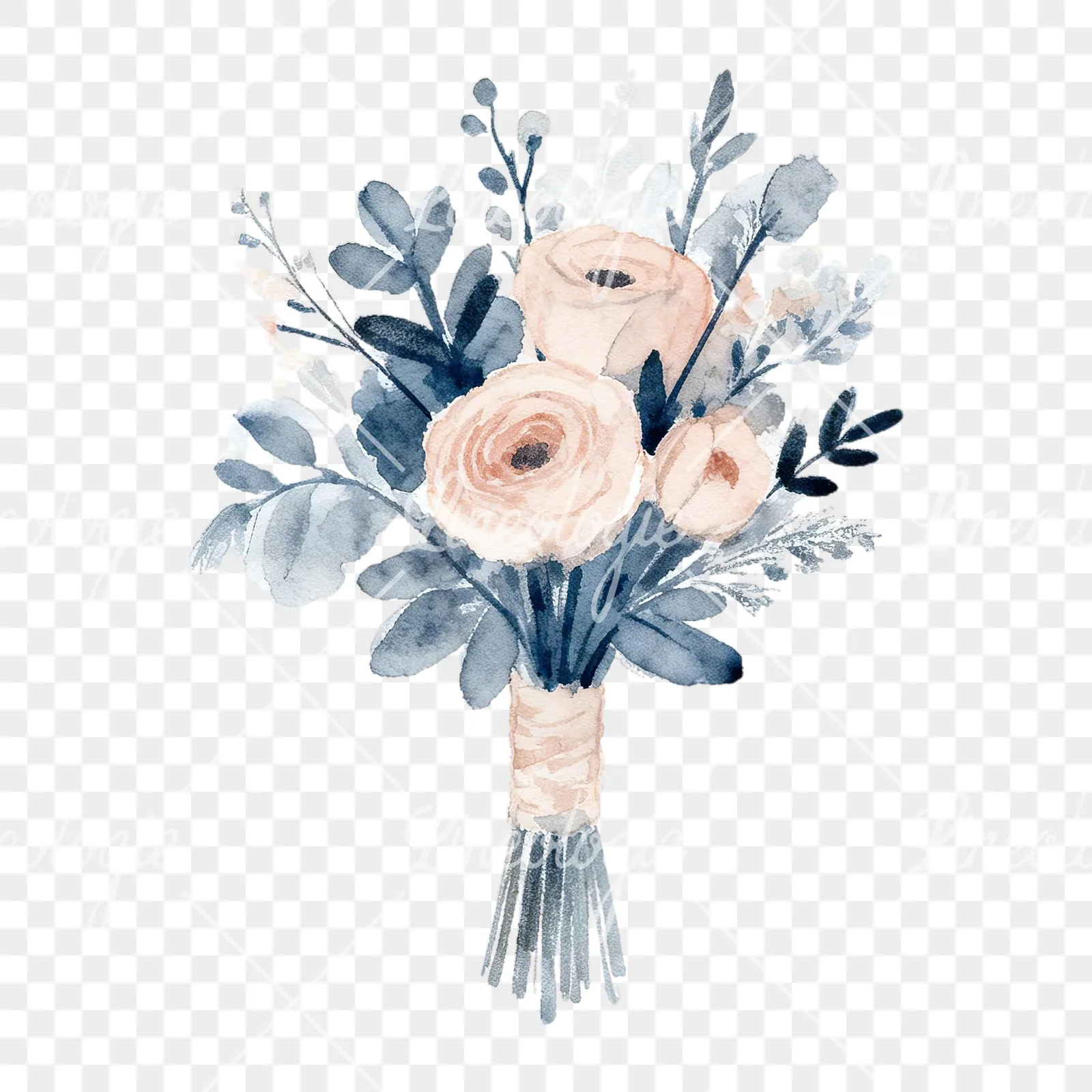 Watercolor dusty blue and blush eucalyptus wedding bouquet clipart 1 of 9 on a transparent background (PNG)