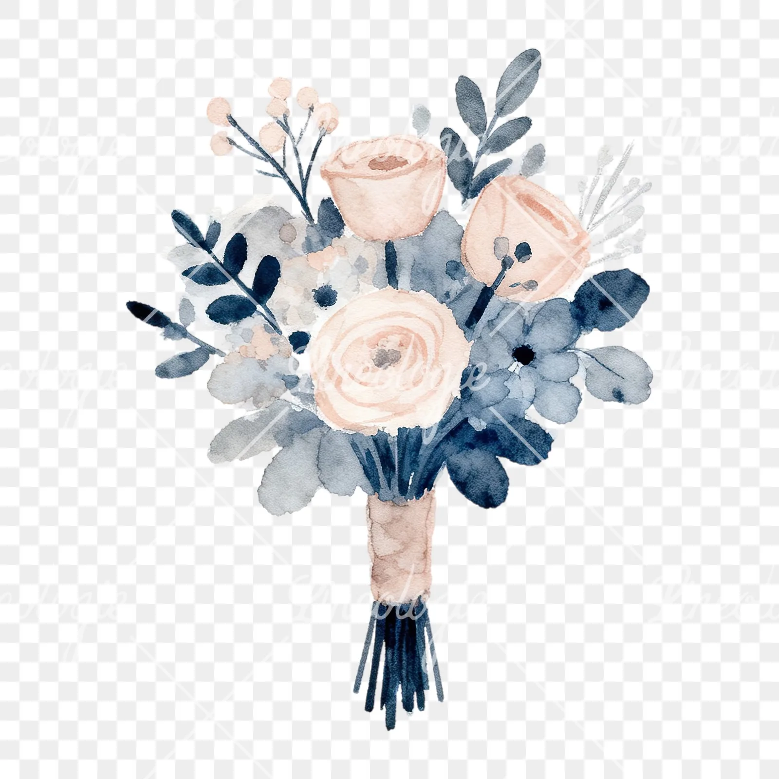 Watercolor dusty blue and blush eucalyptus wedding bouquet clipart 2 of 9 on a transparent background (PNG)