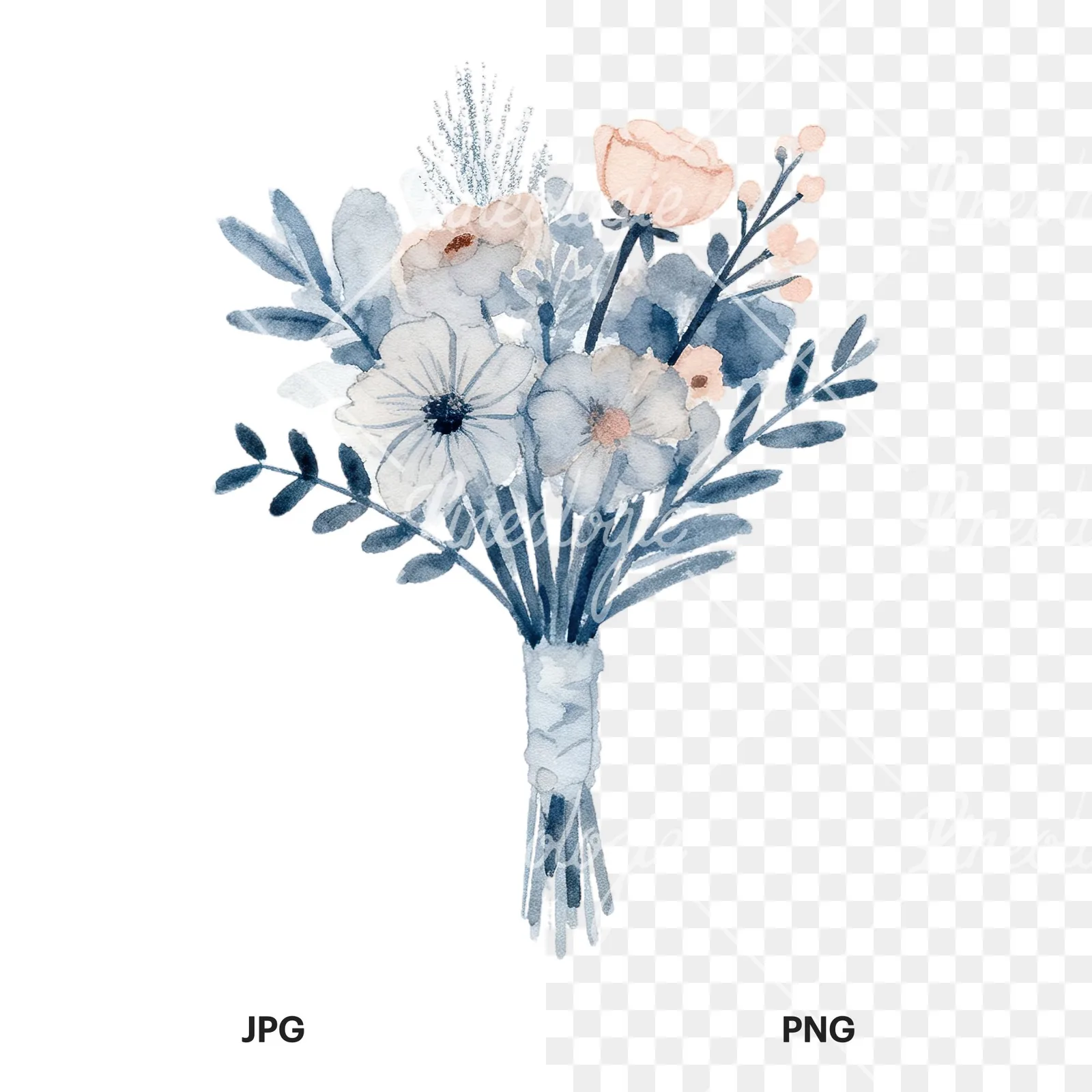 Watercolor dusty blue and blush eucalyptus wedding bouquet clipart 3 of 9, as a JPG on white and a transparent PNG