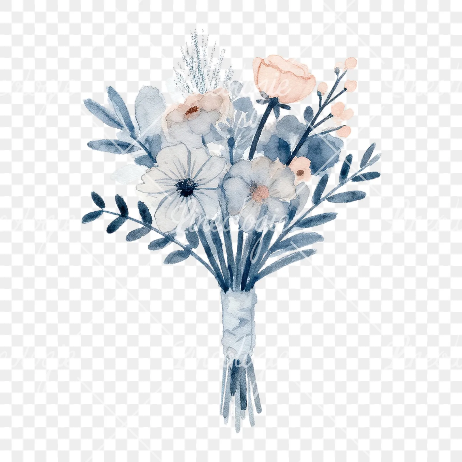 Watercolor dusty blue and blush eucalyptus wedding bouquet clipart 3 of 9 on a transparent background (PNG)