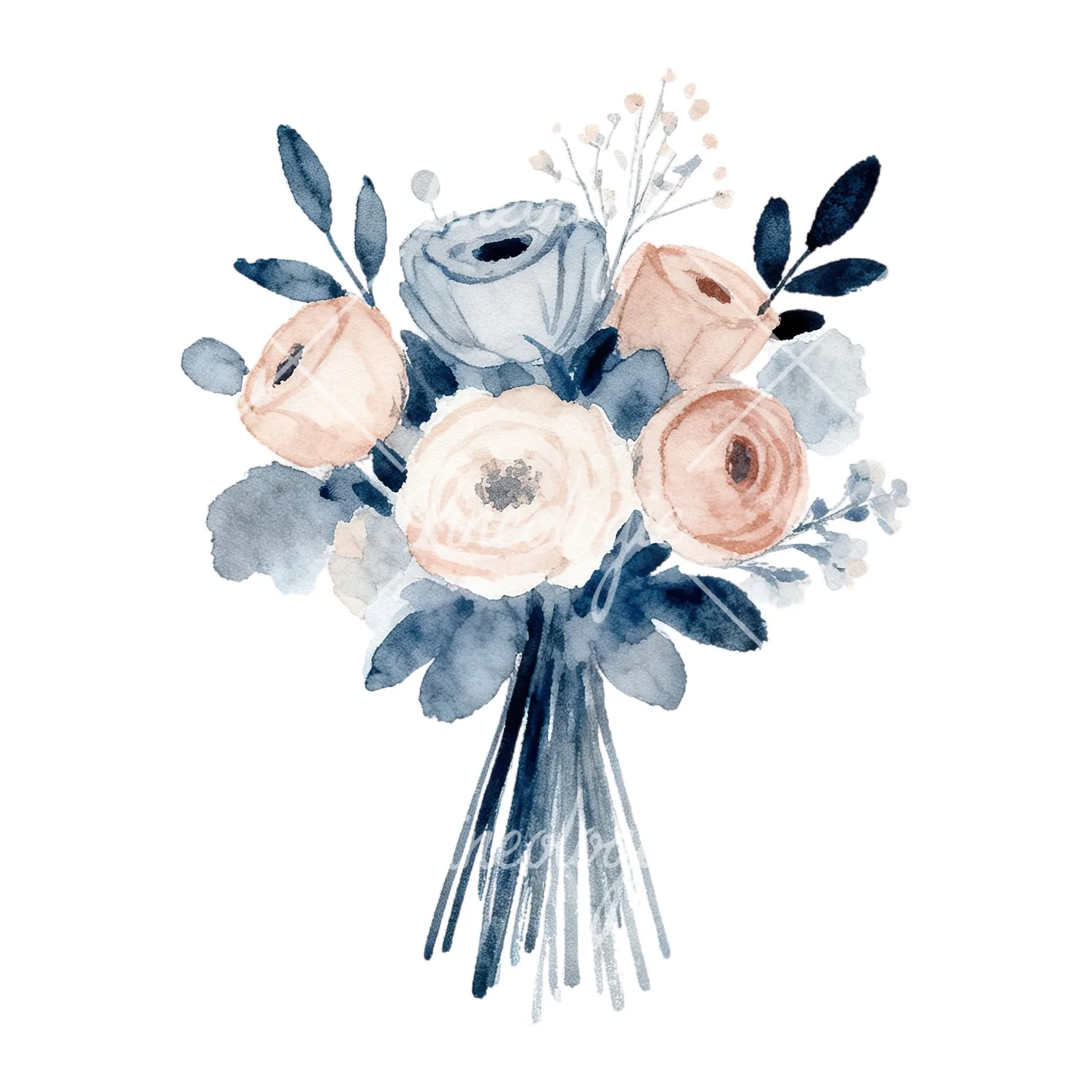 Watercolor dusty blue and blush eucalyptus wedding bouquet clipart 4 of 9 on a white background (JPG)