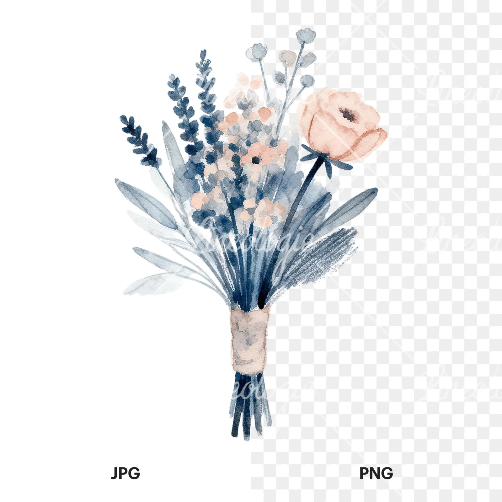 Watercolor dusty blue and blush eucalyptus wedding bouquet clipart 5 of 9, as a JPG on white and a transparent PNG
