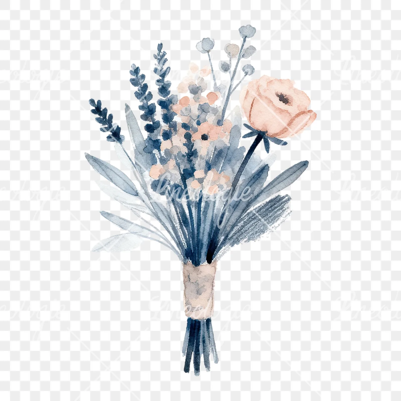Watercolor dusty blue and blush eucalyptus wedding bouquet clipart 5 of 9 on a transparent background (PNG)