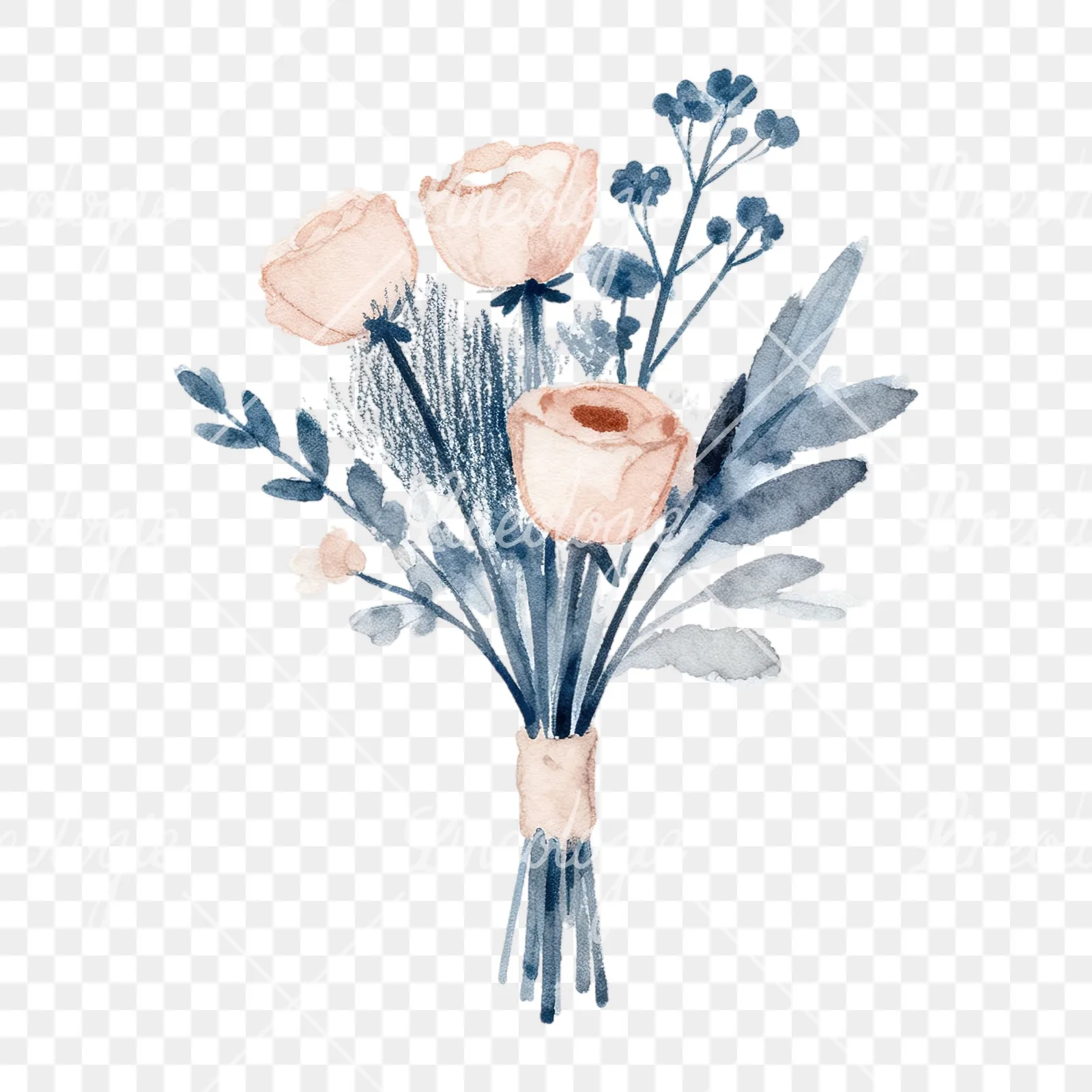 Watercolor dusty blue and blush eucalyptus wedding bouquet clipart 6 of 9 on a transparent background (PNG)
