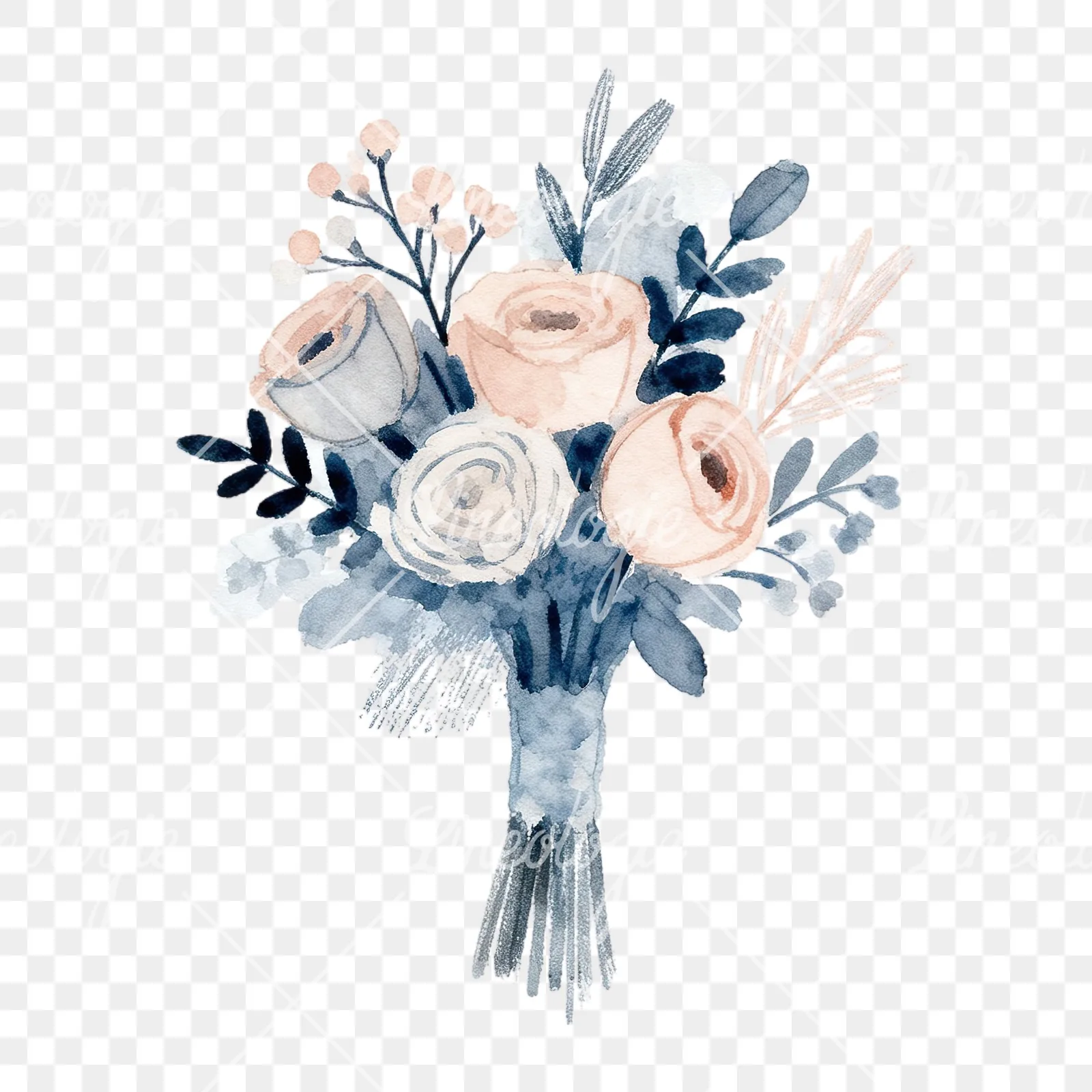 Watercolor dusty blue and blush eucalyptus wedding bouquet clipart 7 of 9 on a transparent background (PNG)