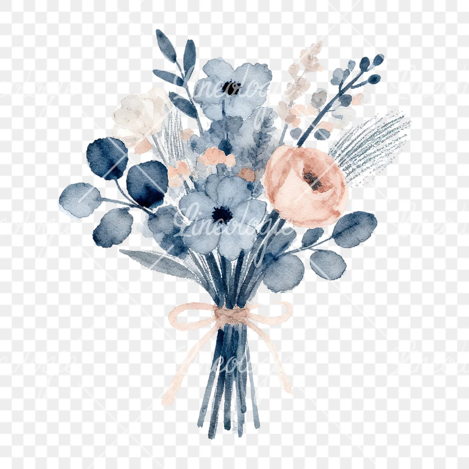 Watercolor dusty blue and blush eucalyptus wedding bouquet clipart 8 of 9 on a transparent background (PNG)