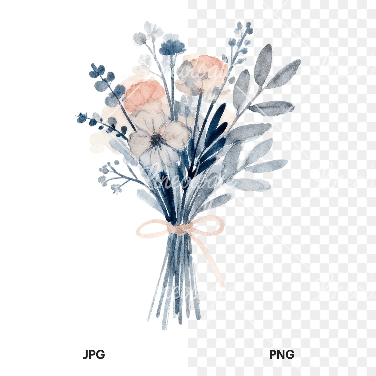 Watercolor dusty blue and blush eucalyptus wedding bouquet clipart 9 of 9, as a JPG on white and a transparent PNG