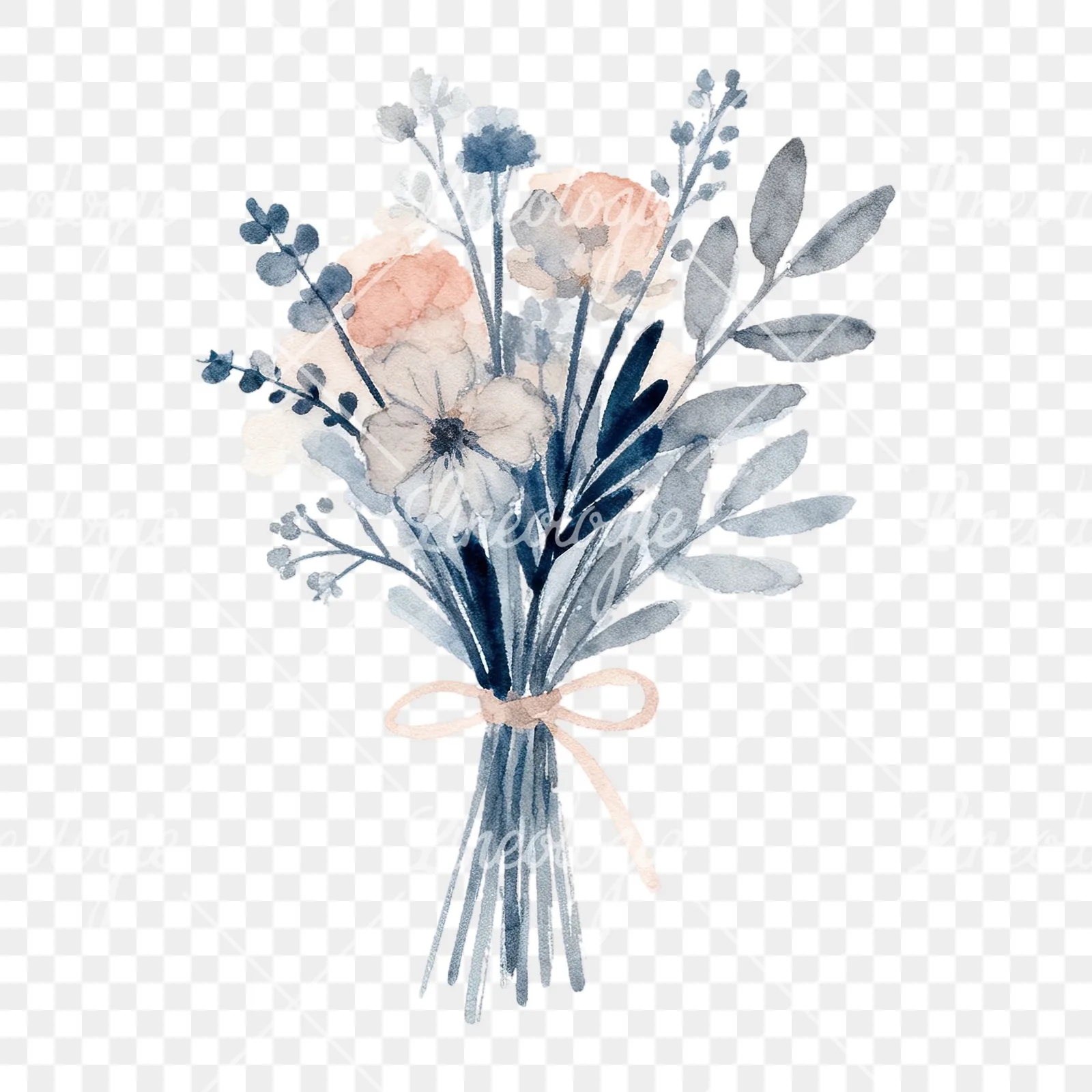 Watercolor dusty blue and blush eucalyptus wedding bouquet clipart 9 of 9 on a transparent background (PNG)
