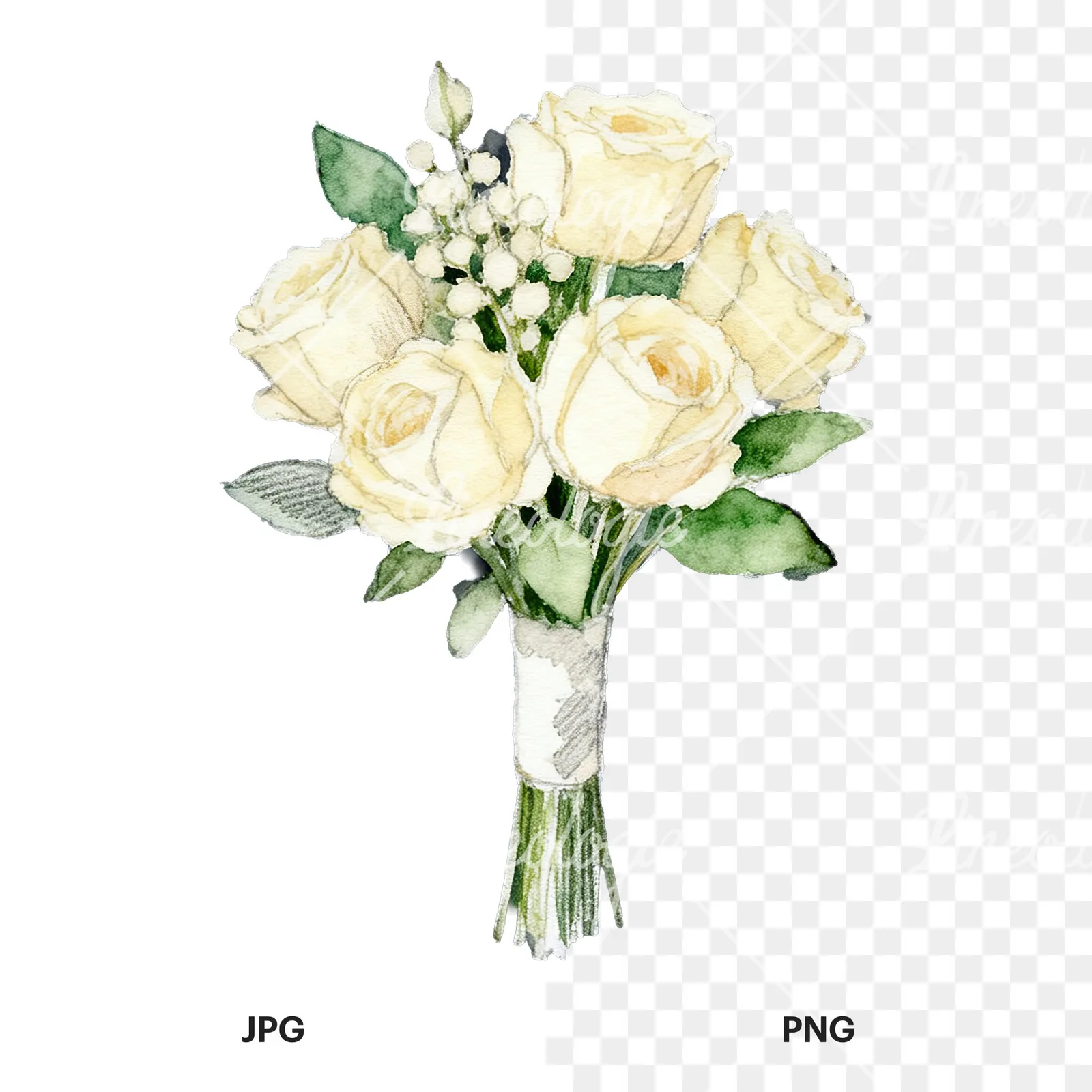 Watercolor elegant cream wedding bouquet clipart 3 of 9, as a JPG on white and a transparent PNG