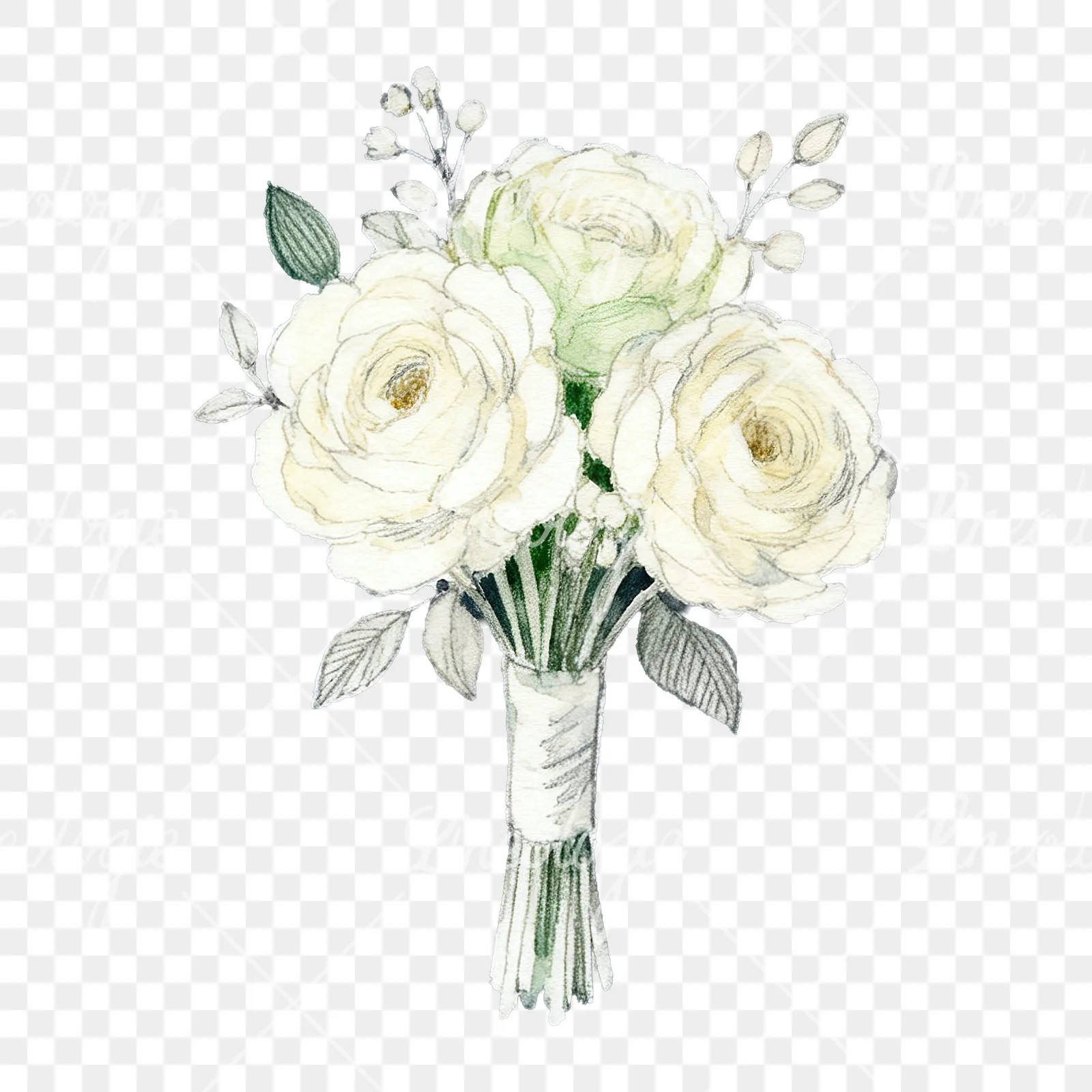 Watercolor elegant cream wedding bouquet clipart 4 of 9 on a transparent background (PNG)